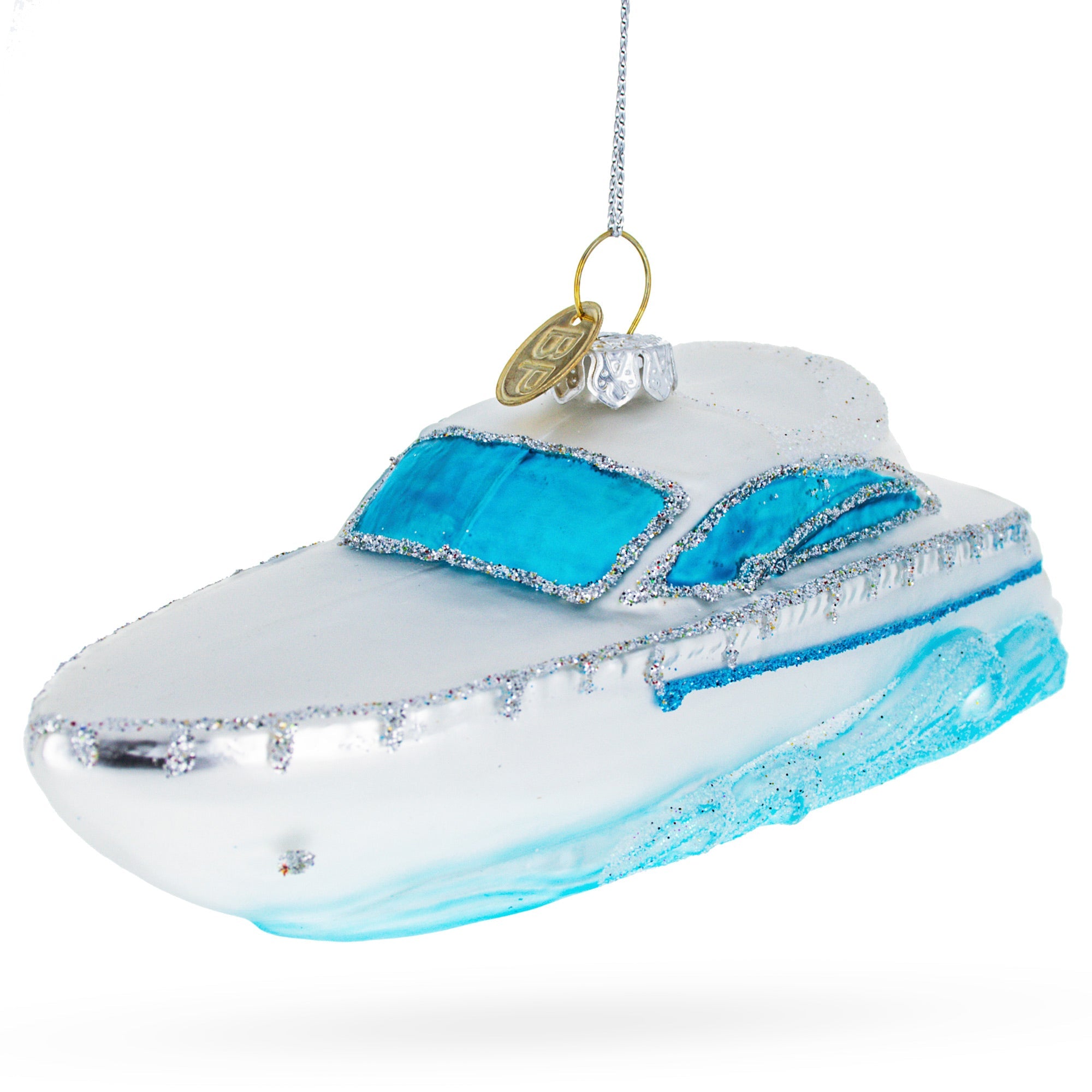 Luxurious White Yacht Powerboat - Blown Glass Christmas Ornament