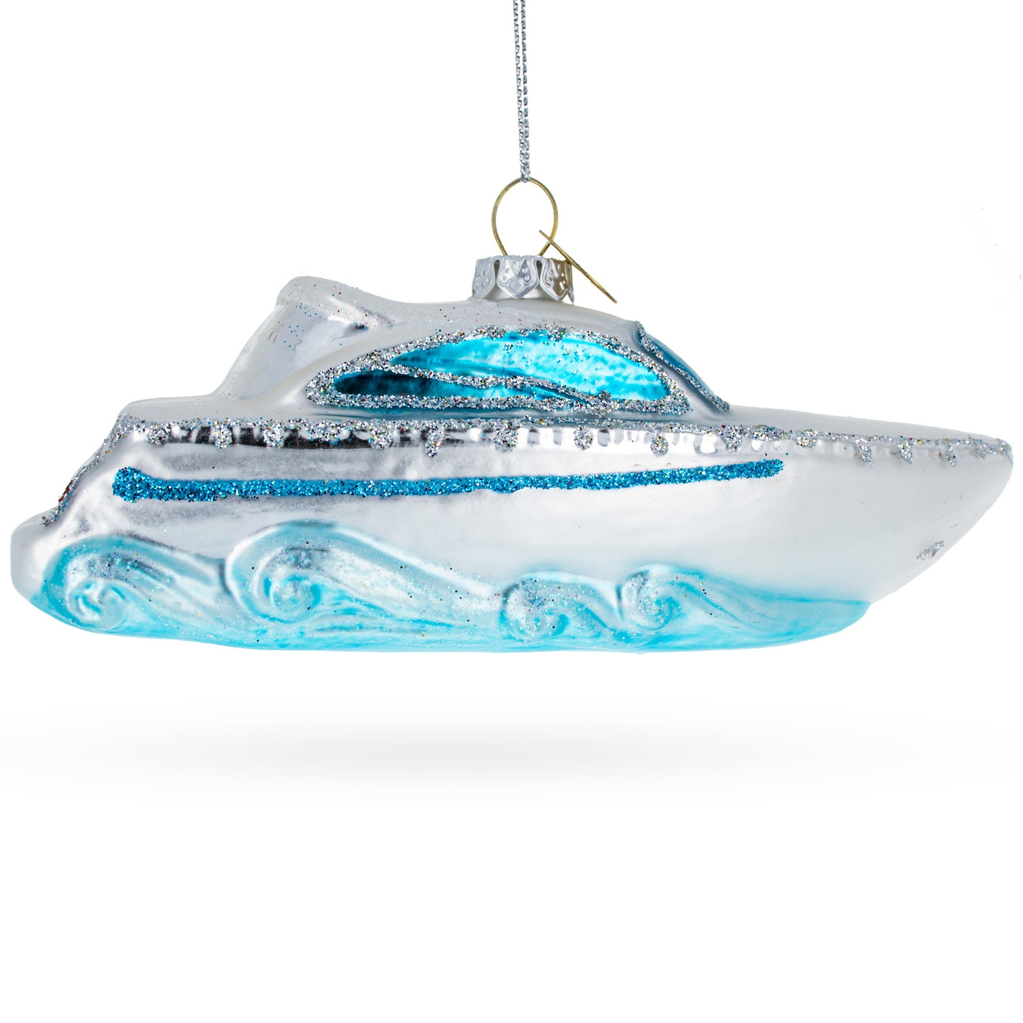 Luxurious White Yacht Powerboat - Blown Glass Christmas Ornament