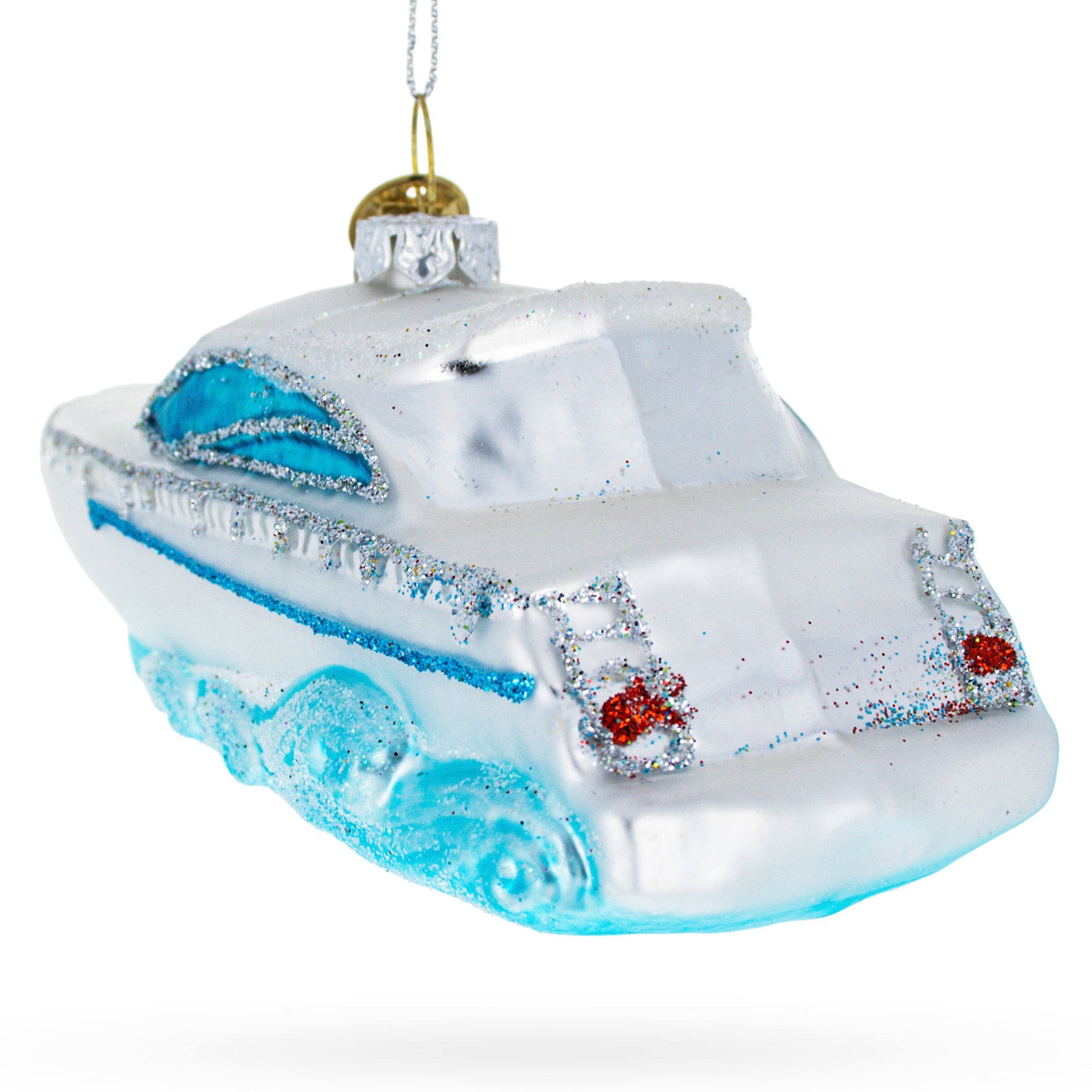 Luxurious White Yacht Powerboat - Blown Glass Christmas Ornament