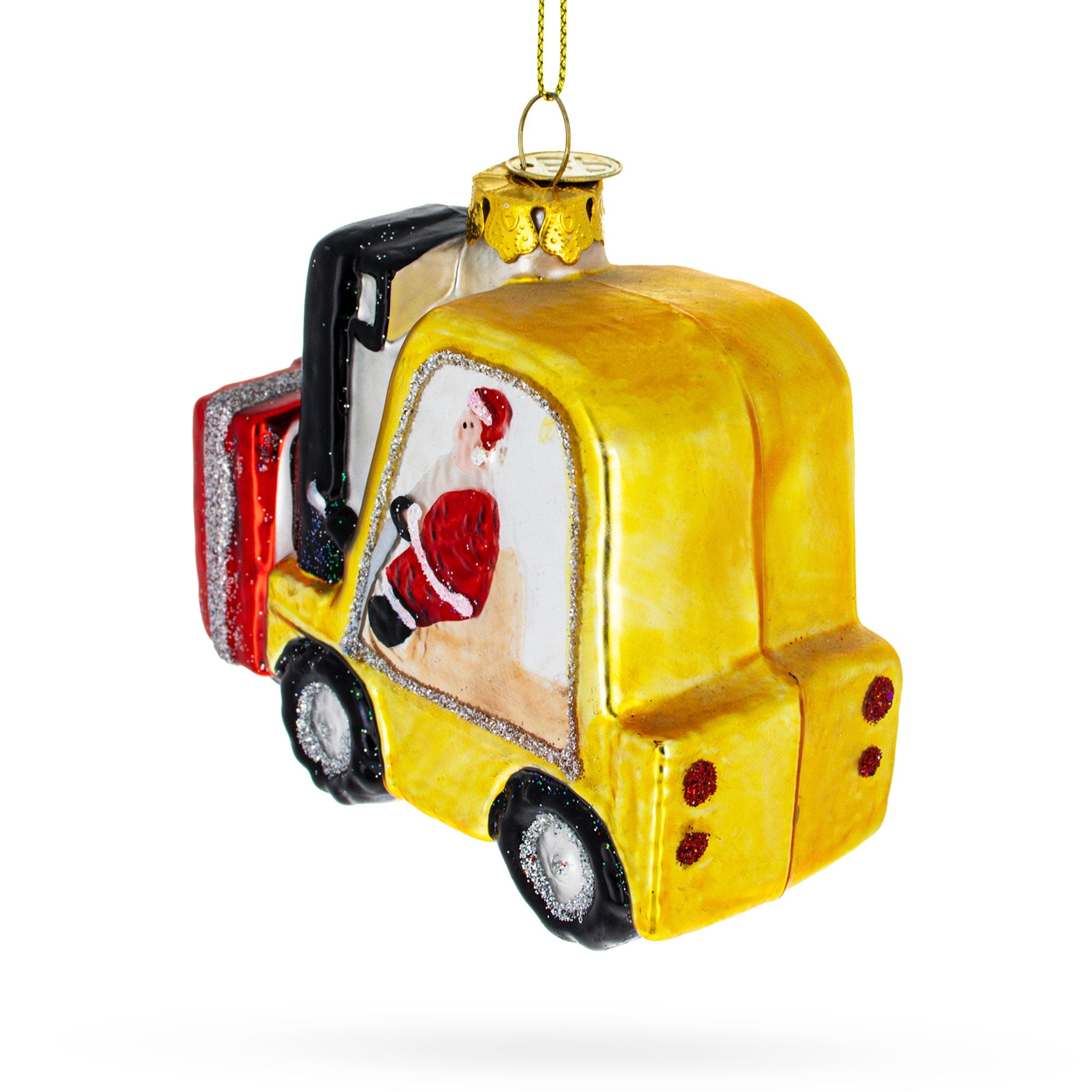 Jolly Santa Riding Forklift - Blown Glass Christmas Ornament