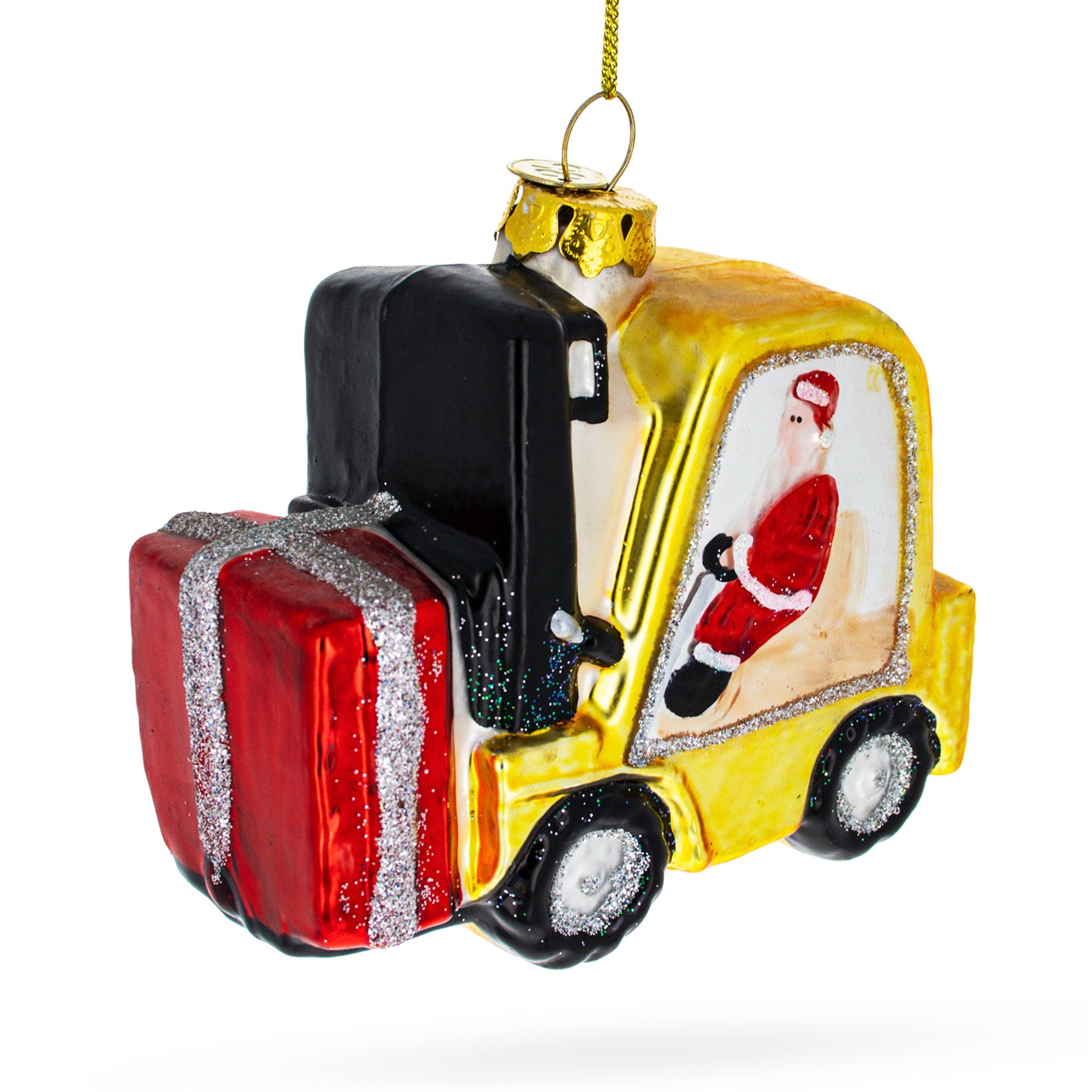 Jolly Santa Riding Forklift - Blown Glass Christmas Ornament