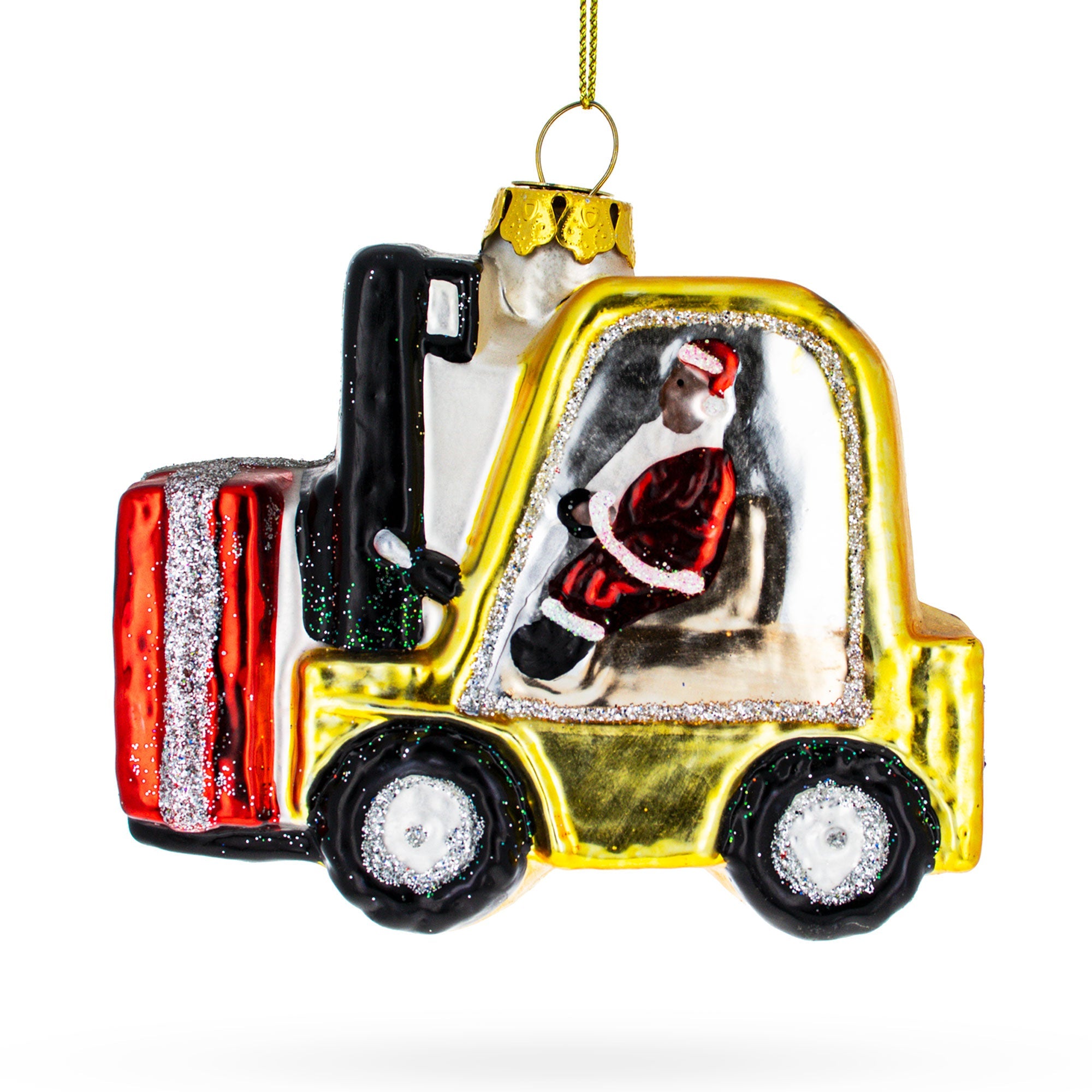 Jolly Santa Riding Forklift - Blown Glass Christmas Ornament