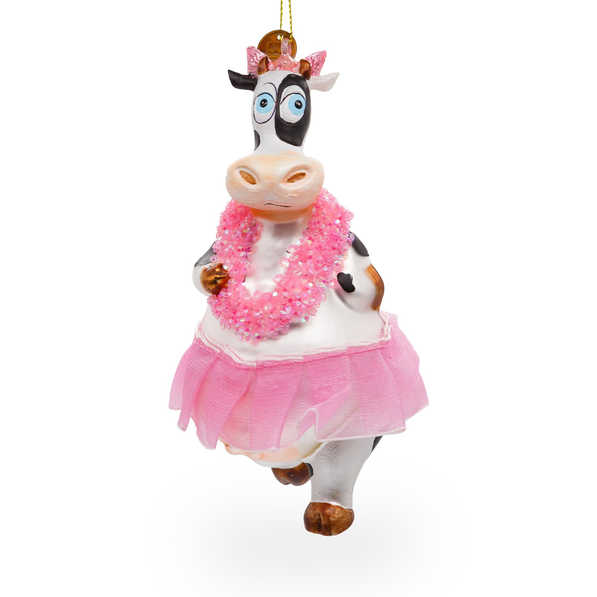 Whimsical Dancing Cow In Pink - Blown Glass Christmas Ornament