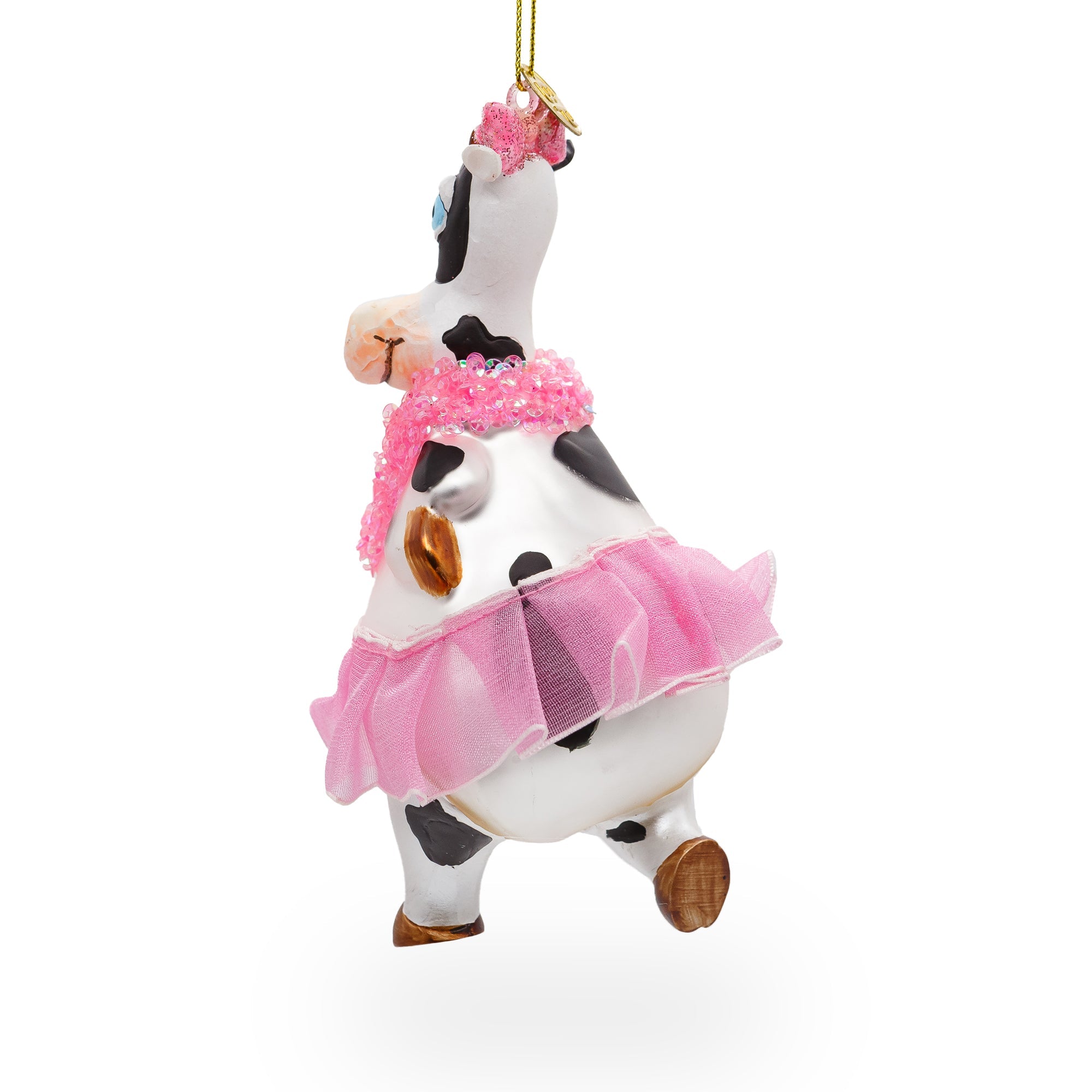 Whimsical Dancing Cow In Pink - Blown Glass Christmas Ornament