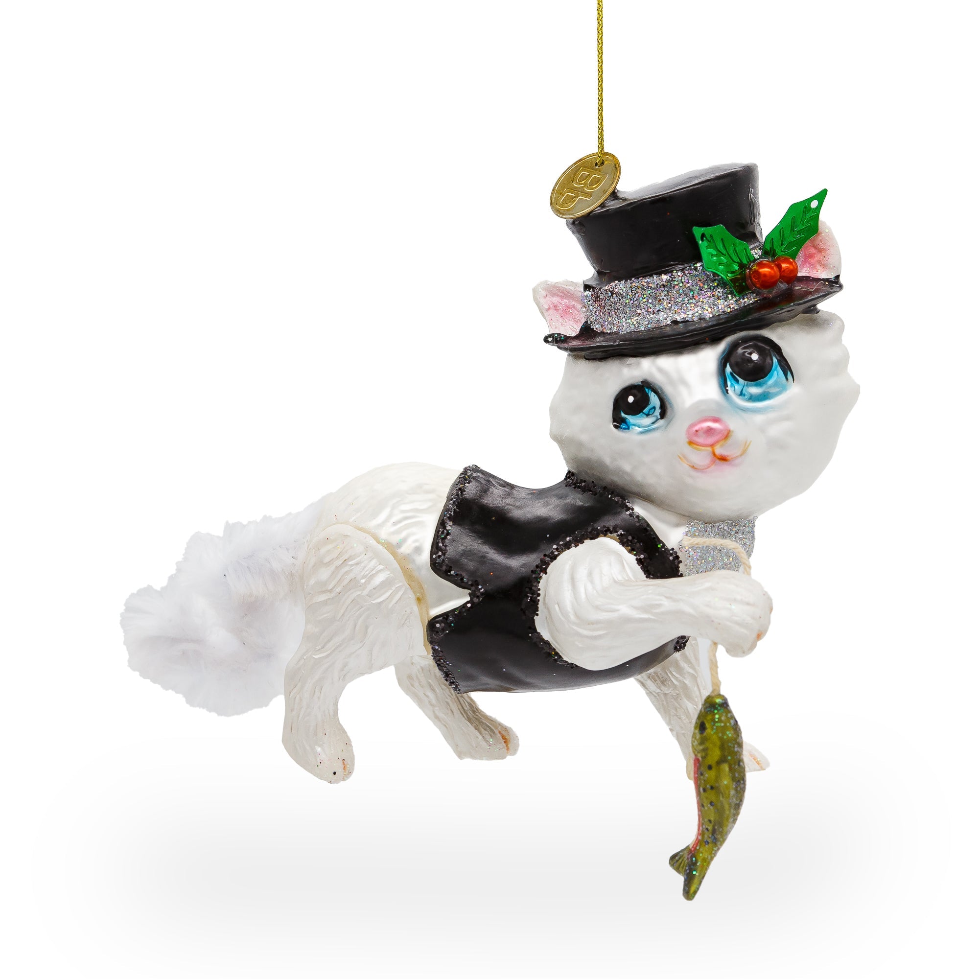 Mysterious Cat In Black Costume Holding Fish - Blown Glass Christmas Ornament