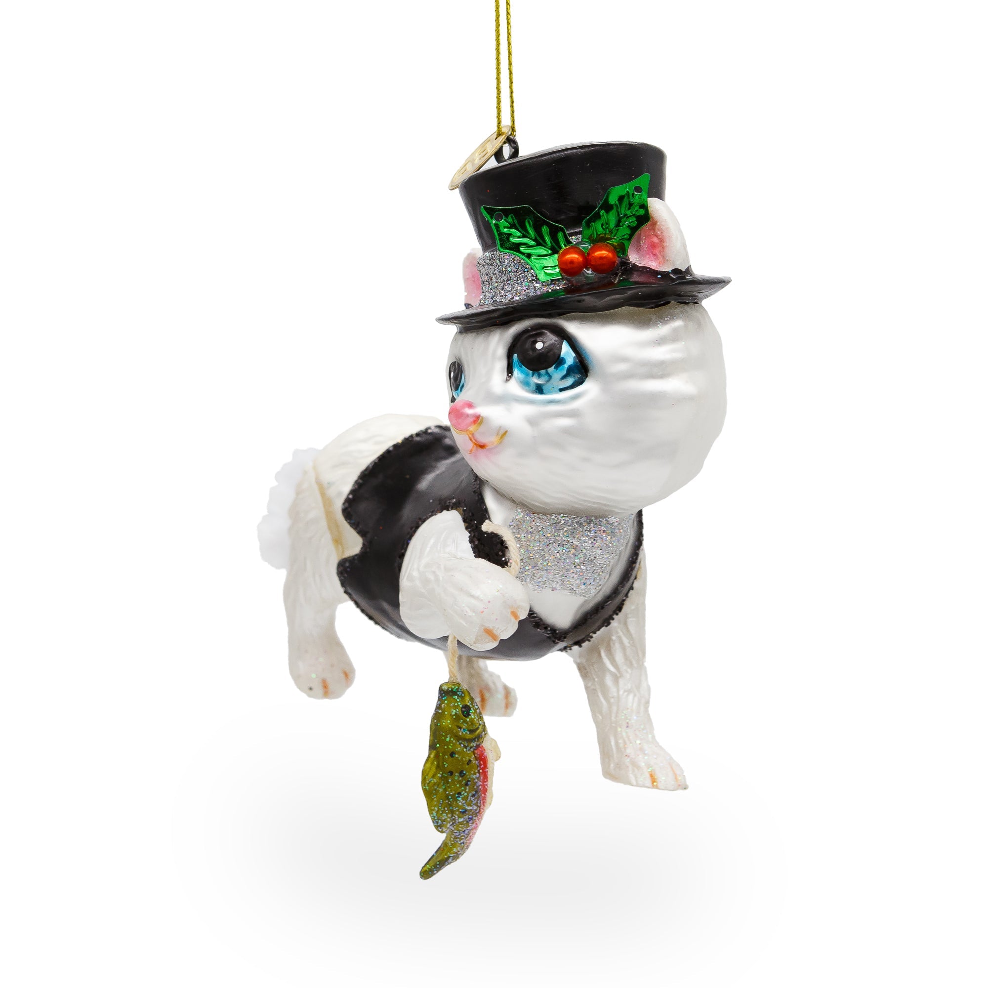 Mysterious Cat In Black Costume Holding Fish - Blown Glass Christmas Ornament