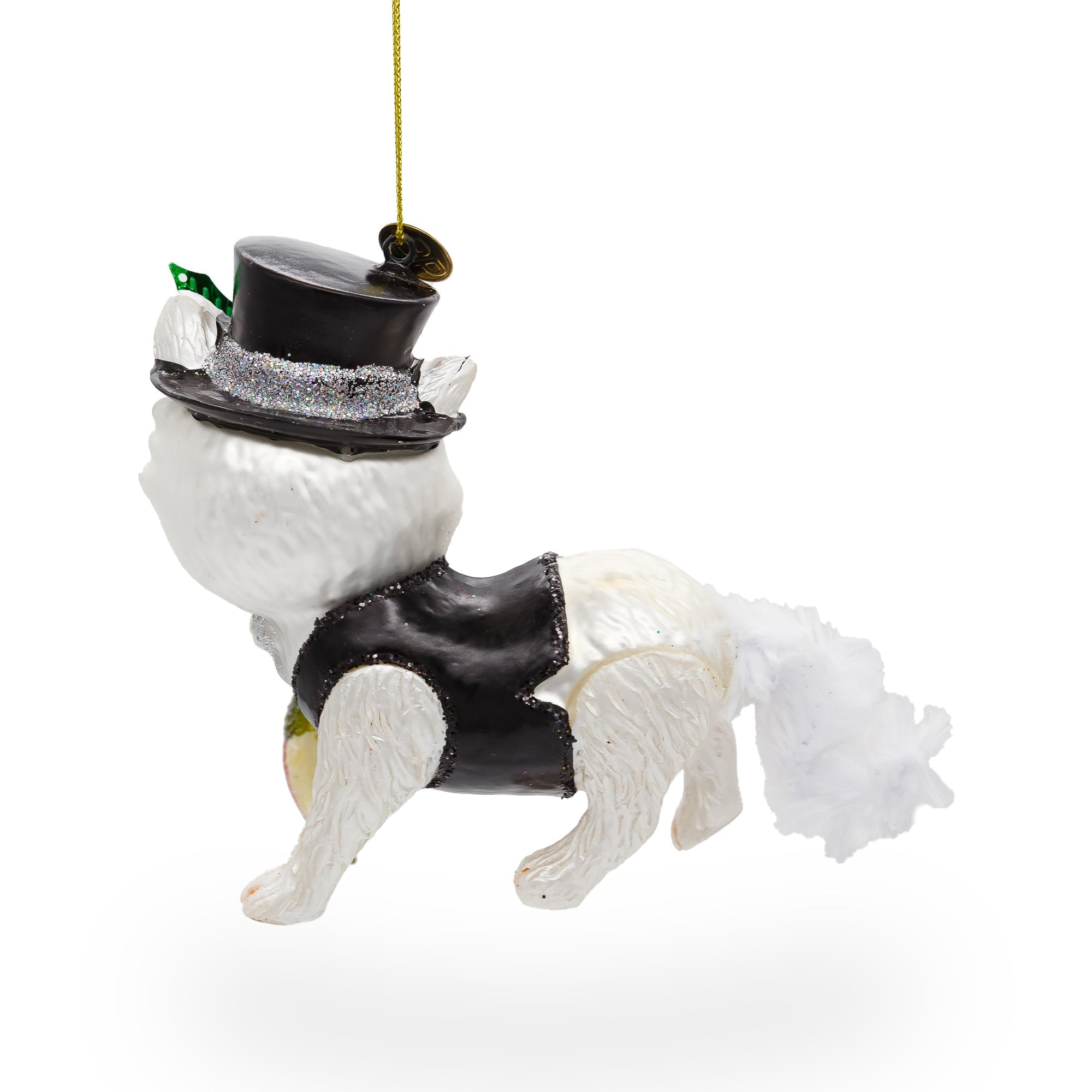 Mysterious Cat In Black Costume Holding Fish - Blown Glass Christmas Ornament