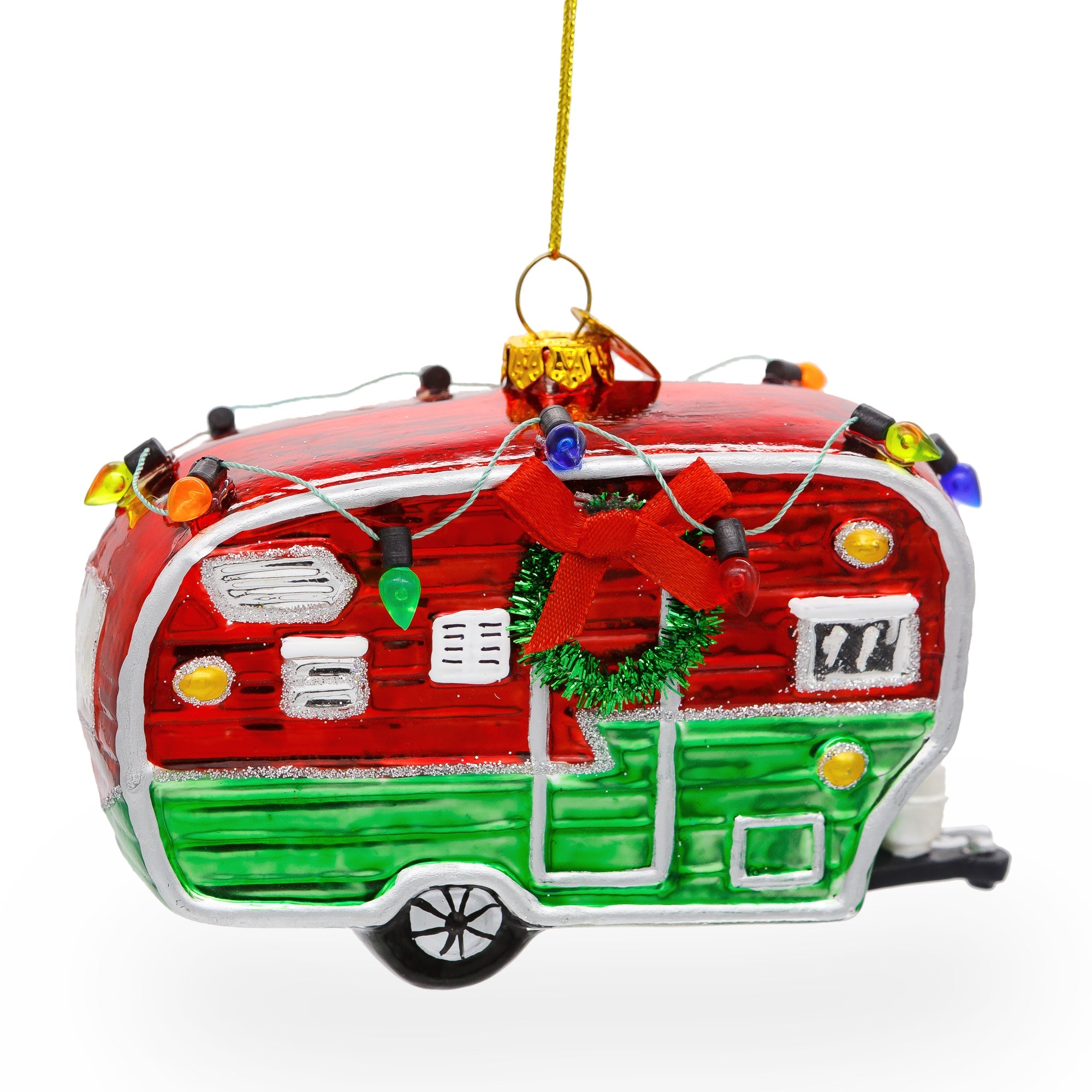 Festive Camper Trailer With Lights - Blown Glass Christmas Ornament