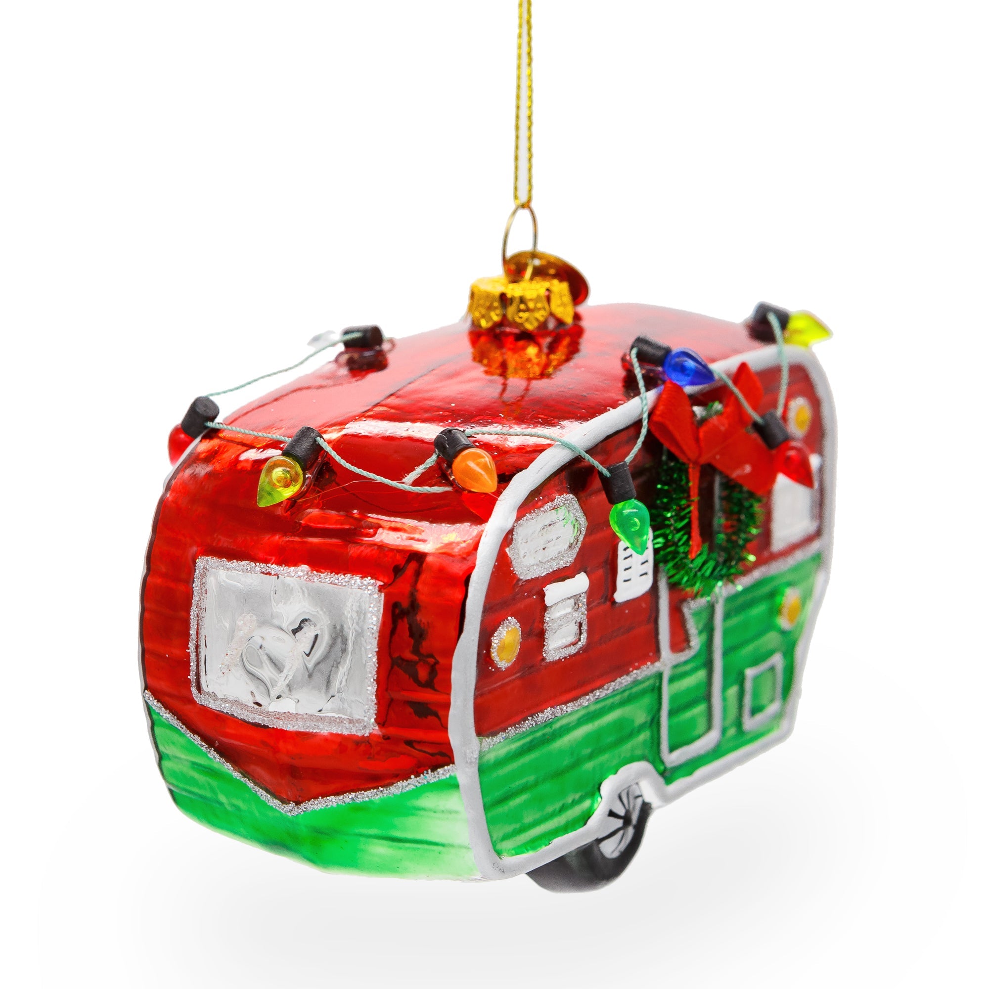 Festive Camper Trailer With Lights - Blown Glass Christmas Ornament