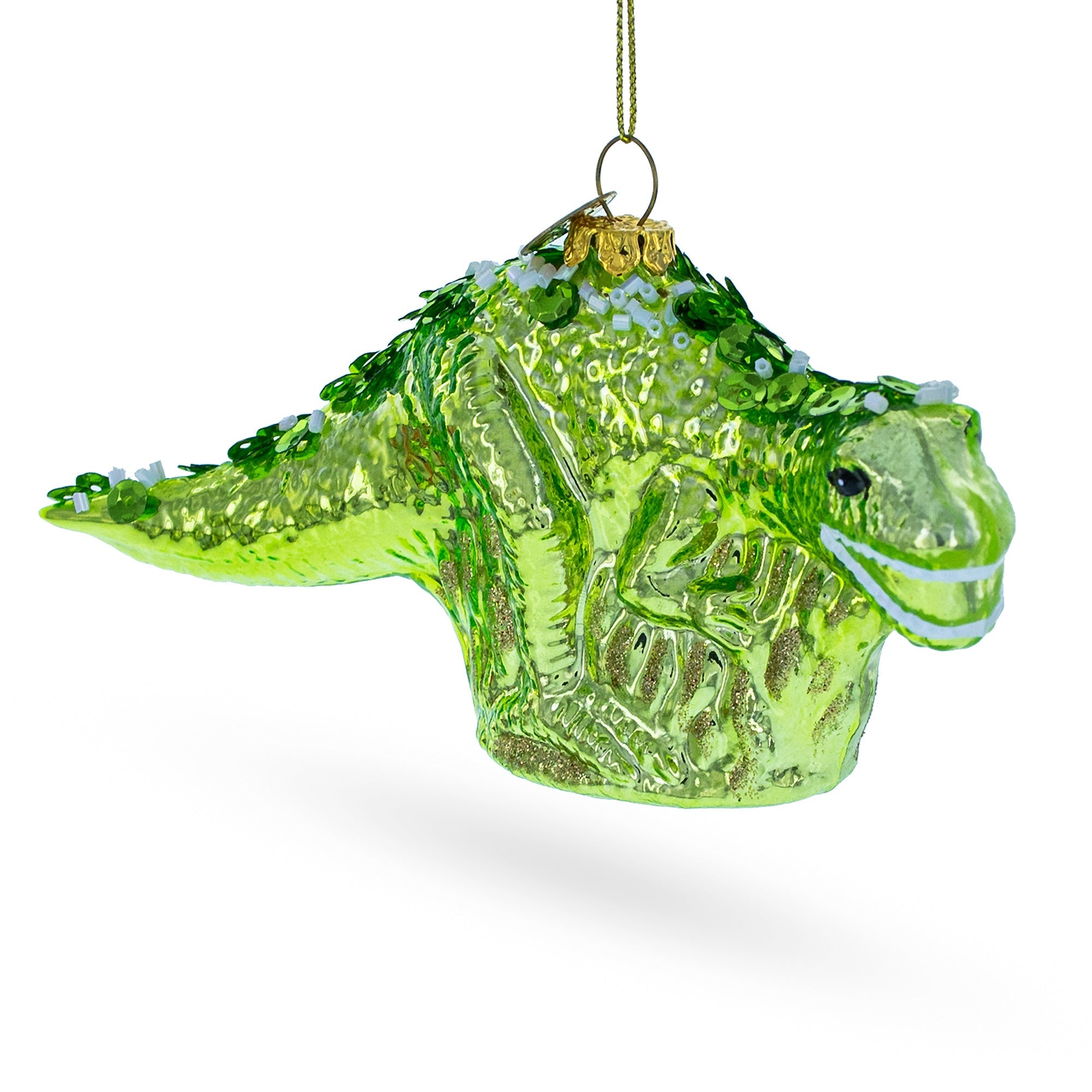 Playful Green Dinosaur With Beads - Blown Glass Christmas Ornament