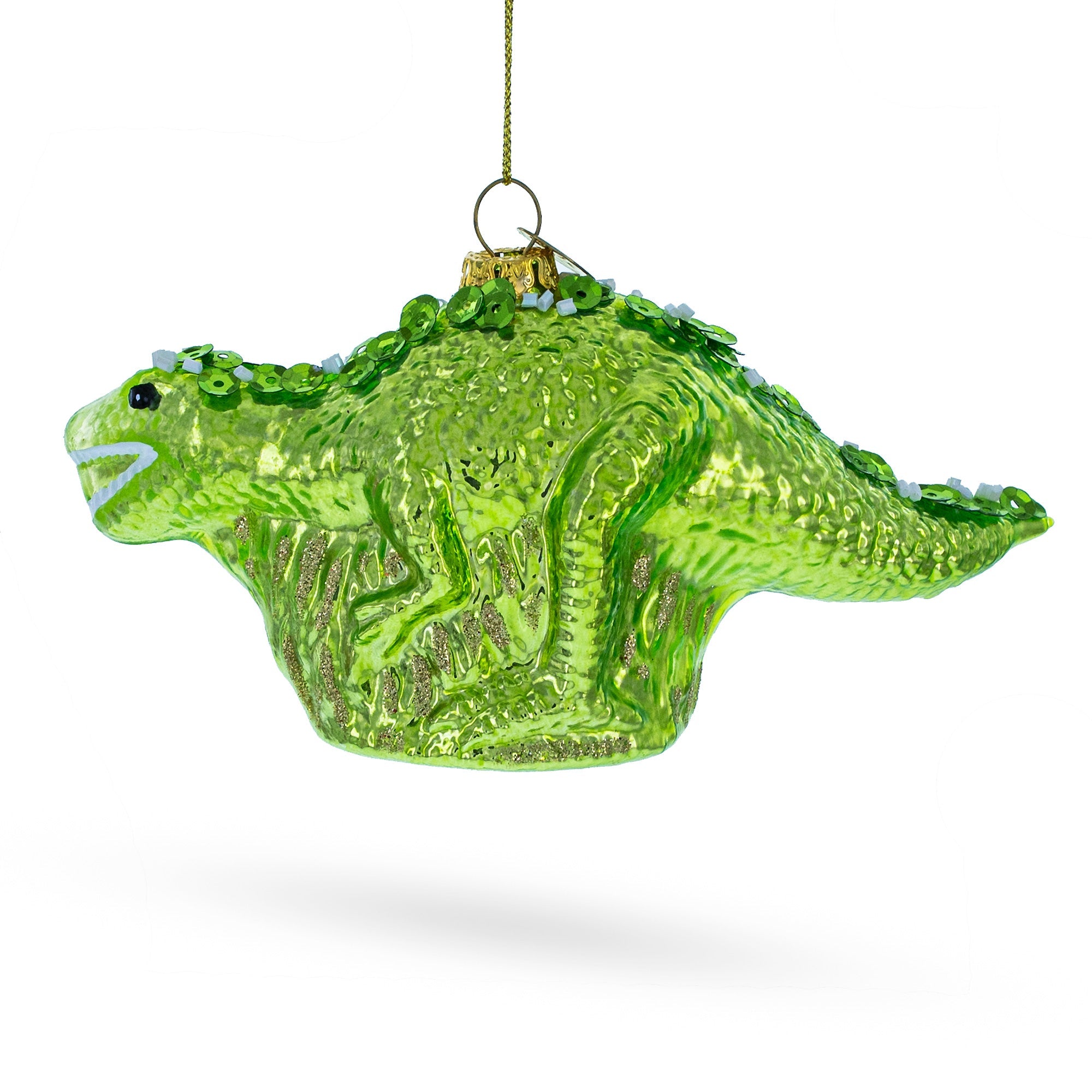 Playful Green Dinosaur With Beads - Blown Glass Christmas Ornament