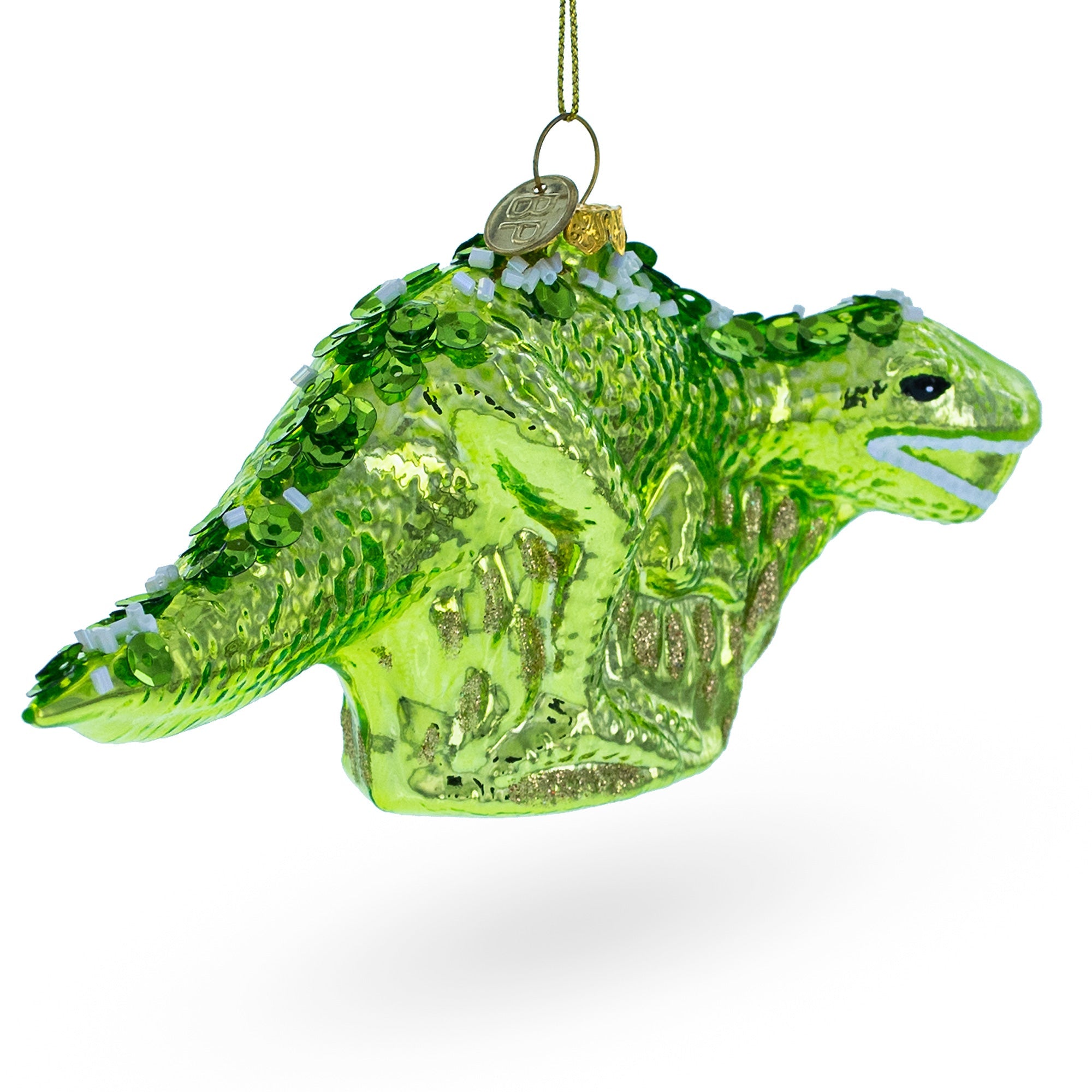 Playful Green Dinosaur With Beads - Blown Glass Christmas Ornament