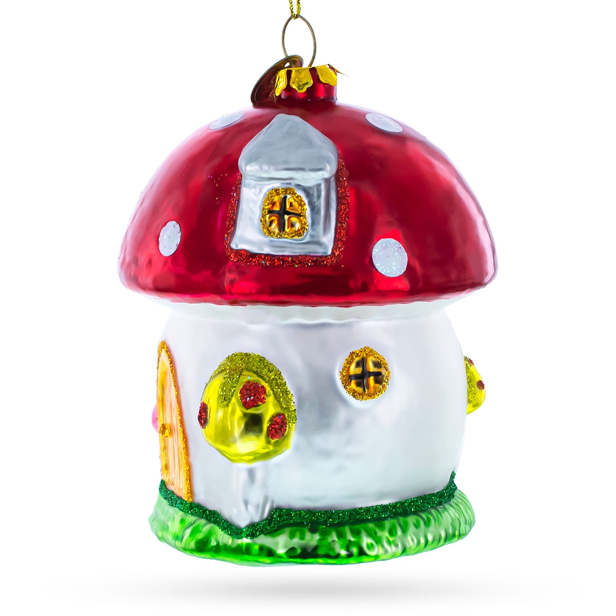 Whimsical Fairy Tale Mushroom House - Blown Glass Christmas Ornament