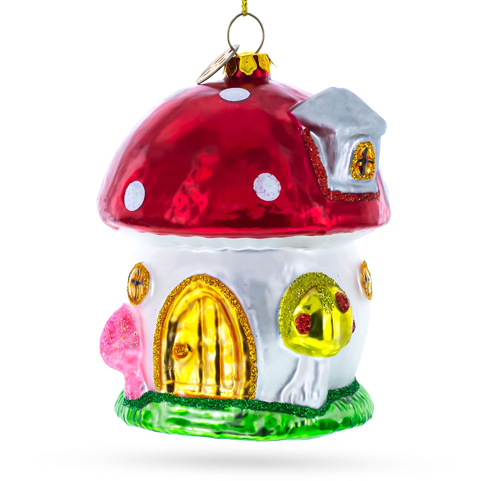 Whimsical Fairy Tale Mushroom House - Blown Glass Christmas Ornament