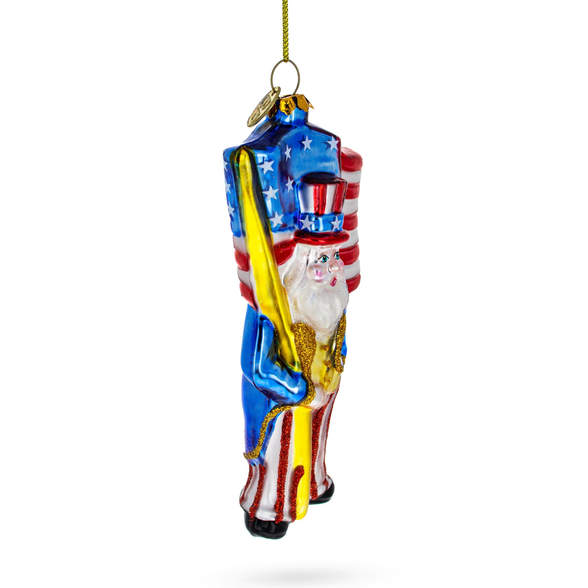 Patriotic Santa Carrying American Flag - Blown Glass Christmas Ornament