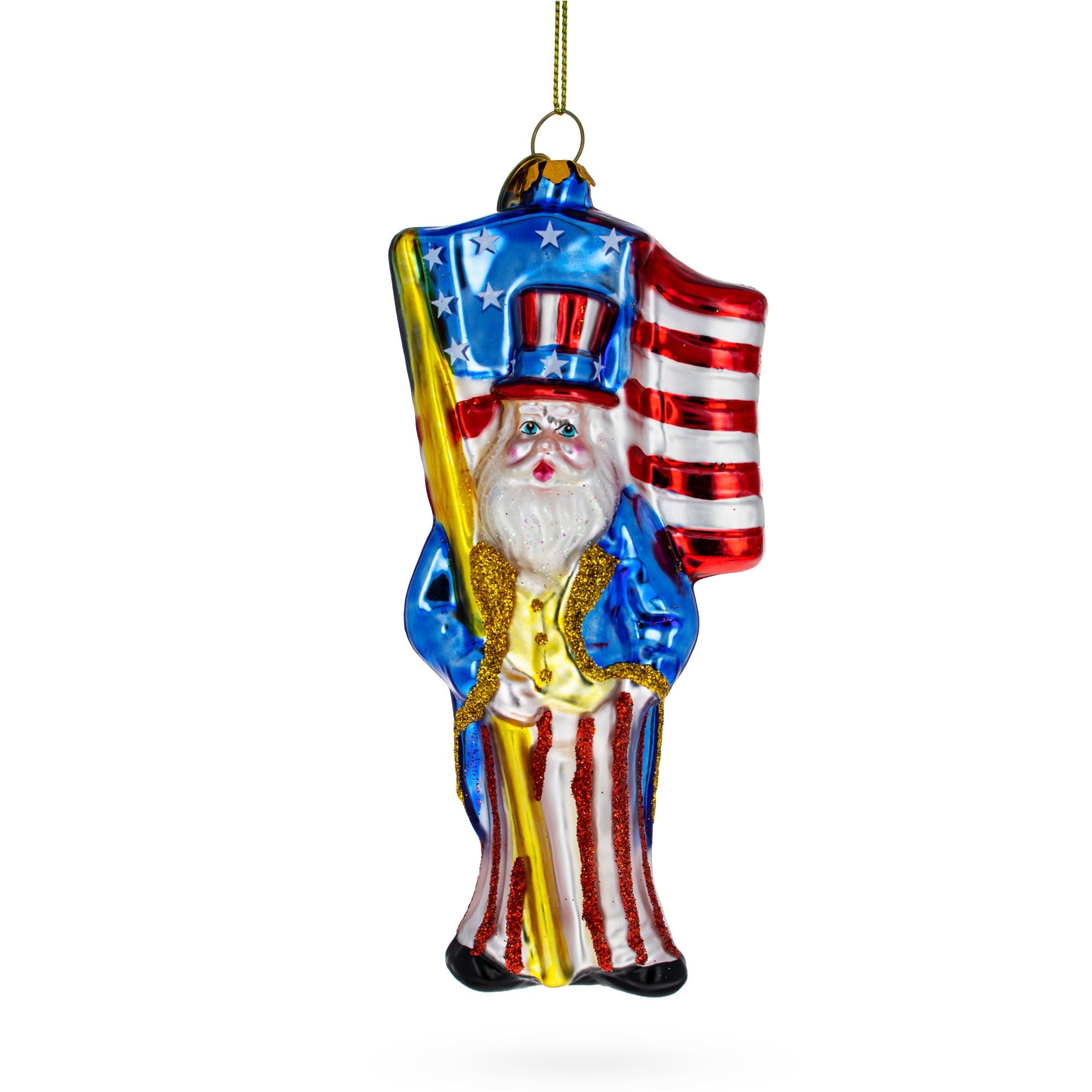 Patriotic Santa Carrying American Flag - Blown Glass Christmas Ornament