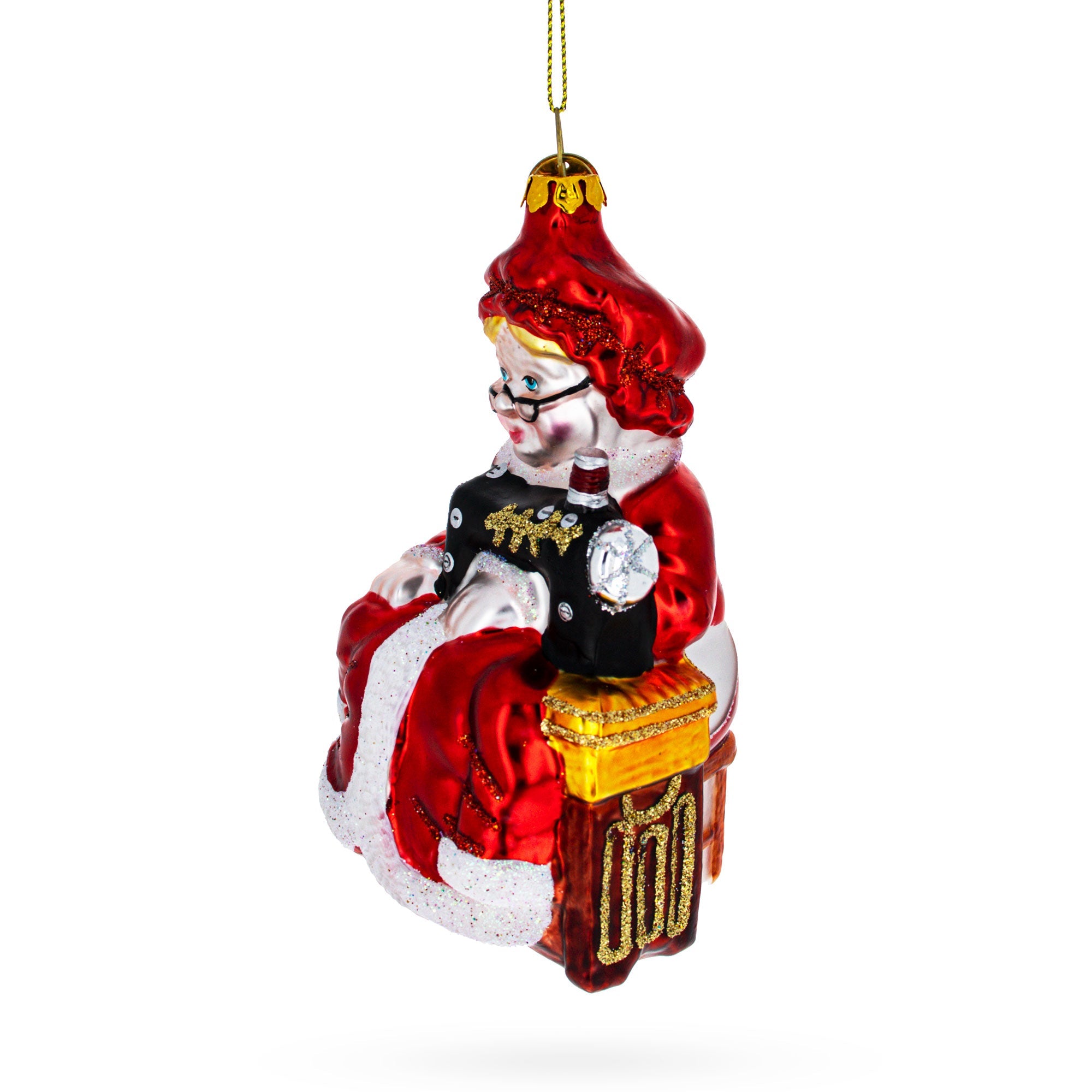 Diligent Mrs. Claus And Sewing Machine - Blown Glass Christmas Ornament