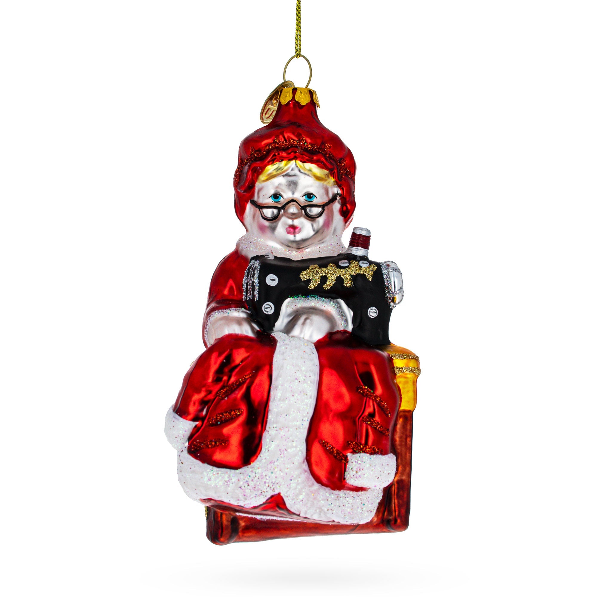 Diligent Mrs. Claus And Sewing Machine - Blown Glass Christmas Ornament