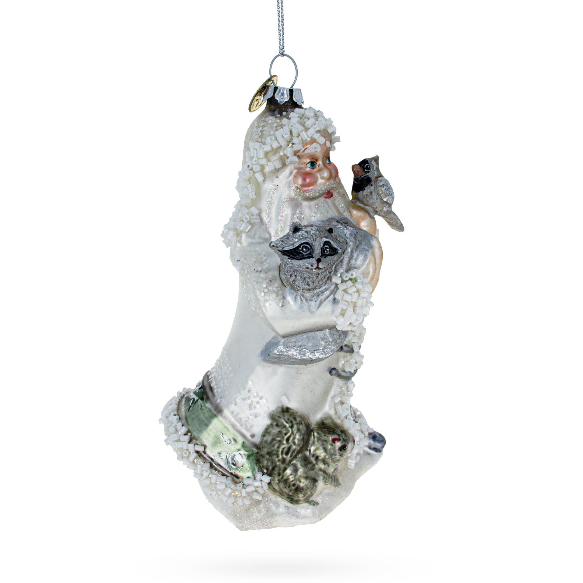 Charming Santa Holding Cardinal And Raccoon - Blown Glass Christmas Ornament