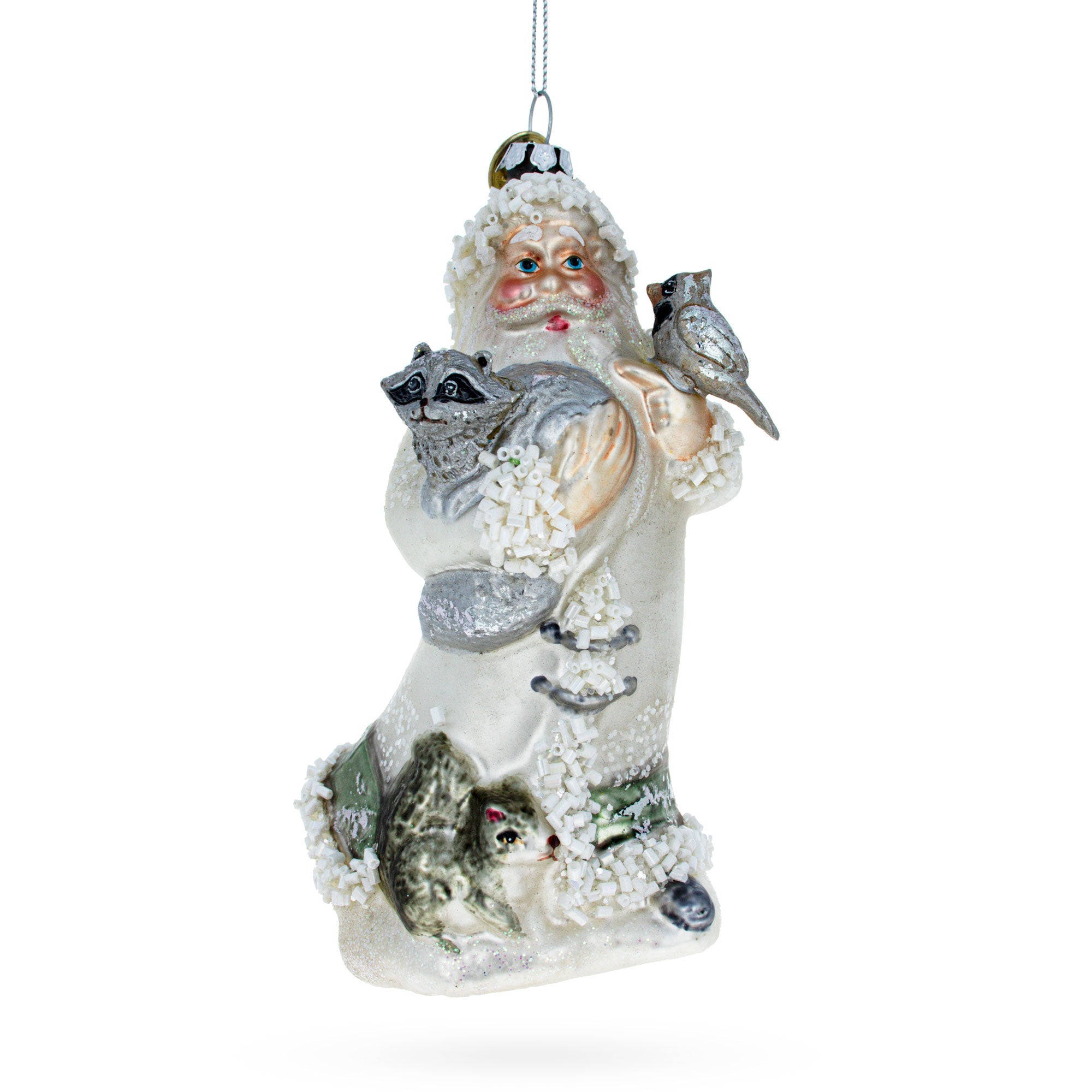 Charming Santa Holding Cardinal And Raccoon - Blown Glass Christmas Ornament