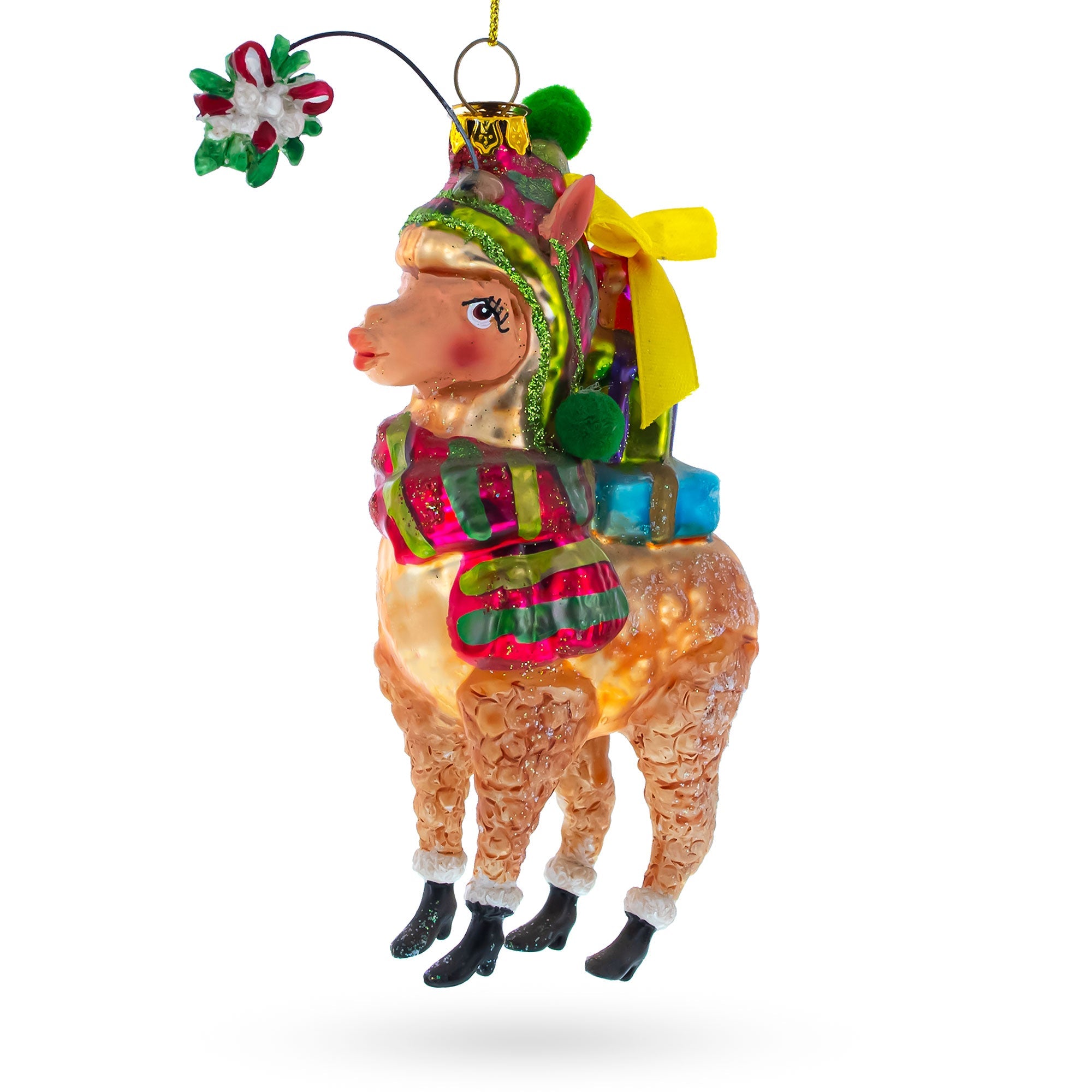 Colorful Lama Carrying Gifts - Blown Glass Christmas Ornament