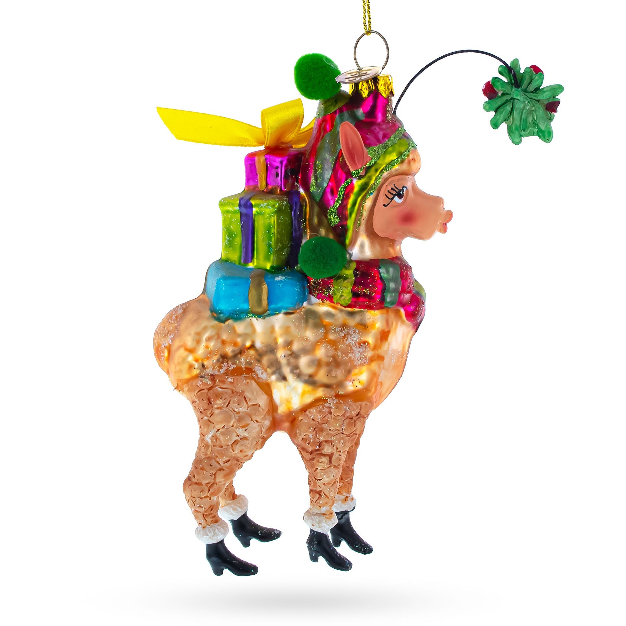 Colorful Lama Carrying Gifts - Blown Glass Christmas Ornament