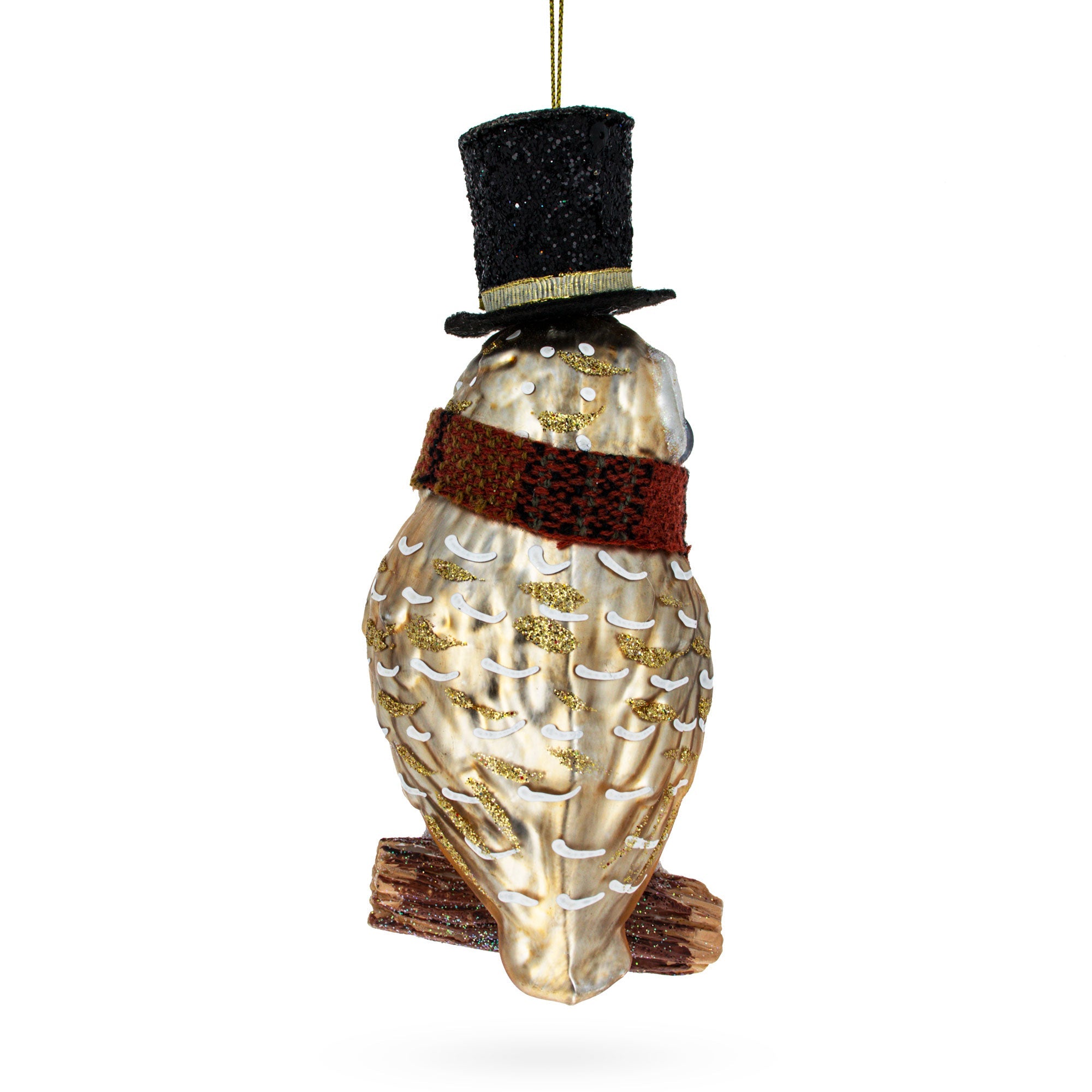 Stylish Owl In Black Hat And Scarf - Blown Glass Christmas Ornament