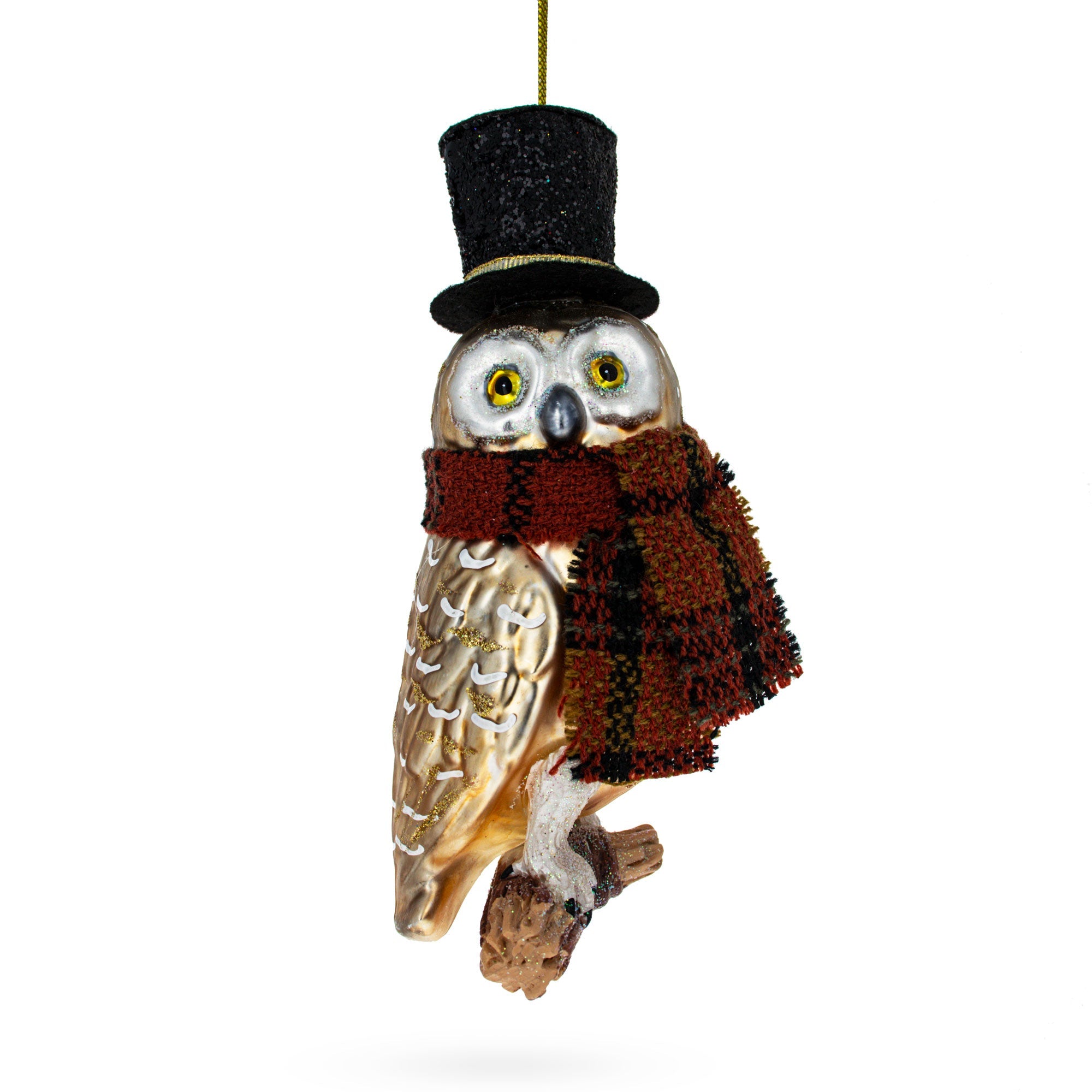 Stylish Owl In Black Hat And Scarf - Blown Glass Christmas Ornament