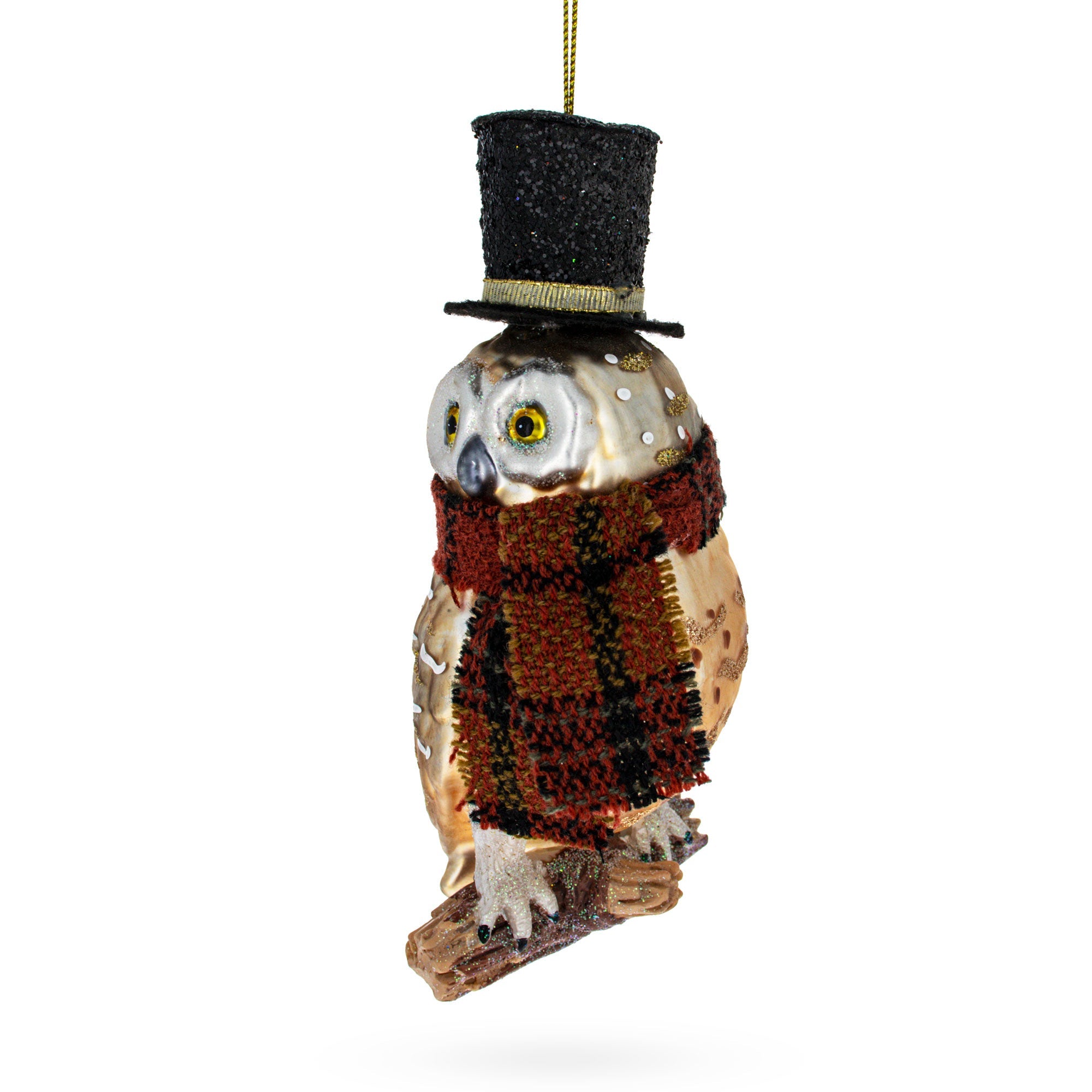 Stylish Owl In Black Hat And Scarf - Blown Glass Christmas Ornament