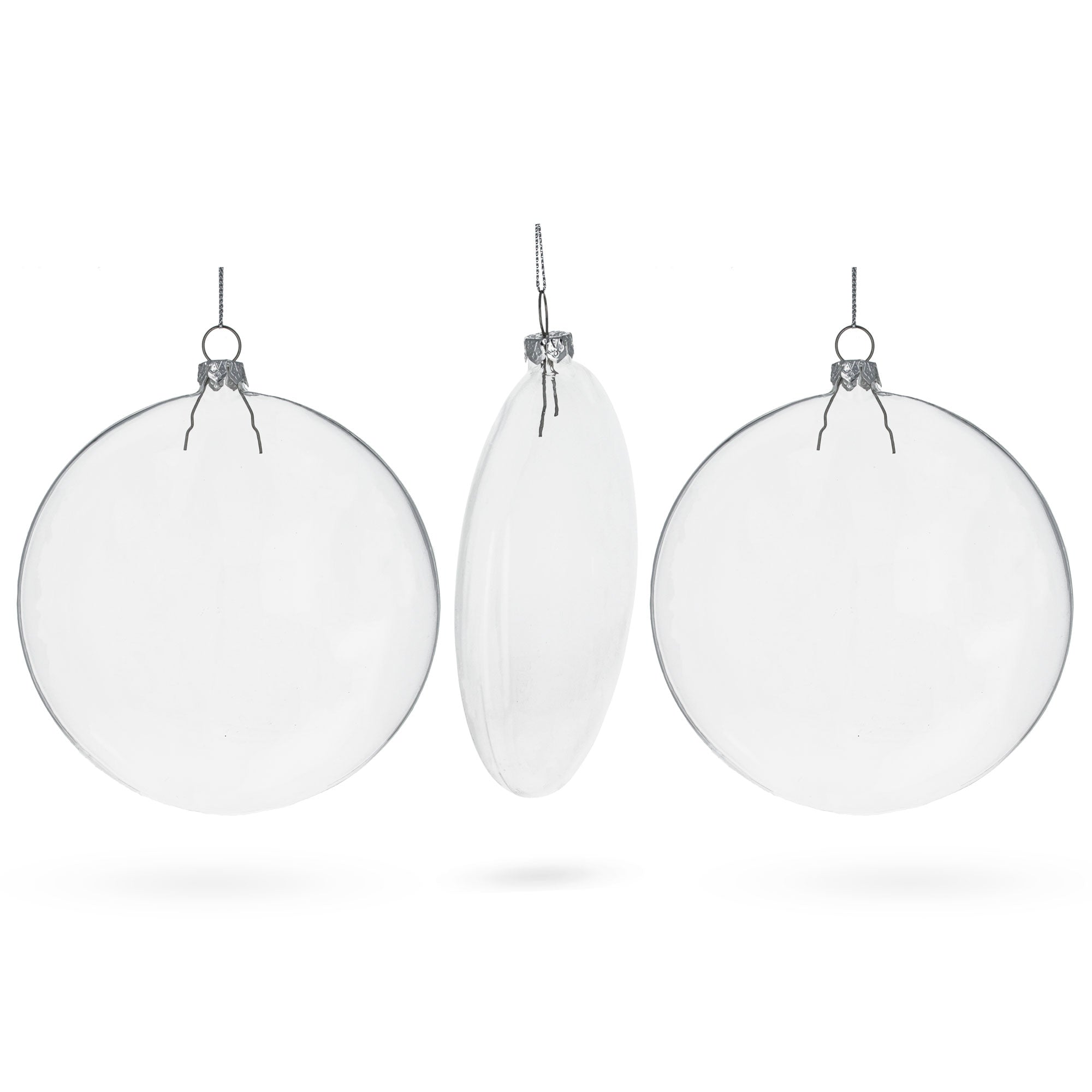 Deluxe Set Of 3 Flat Disc Clear - Blown Glass Christmas Ornaments 5.4 Inches (140 Mm)