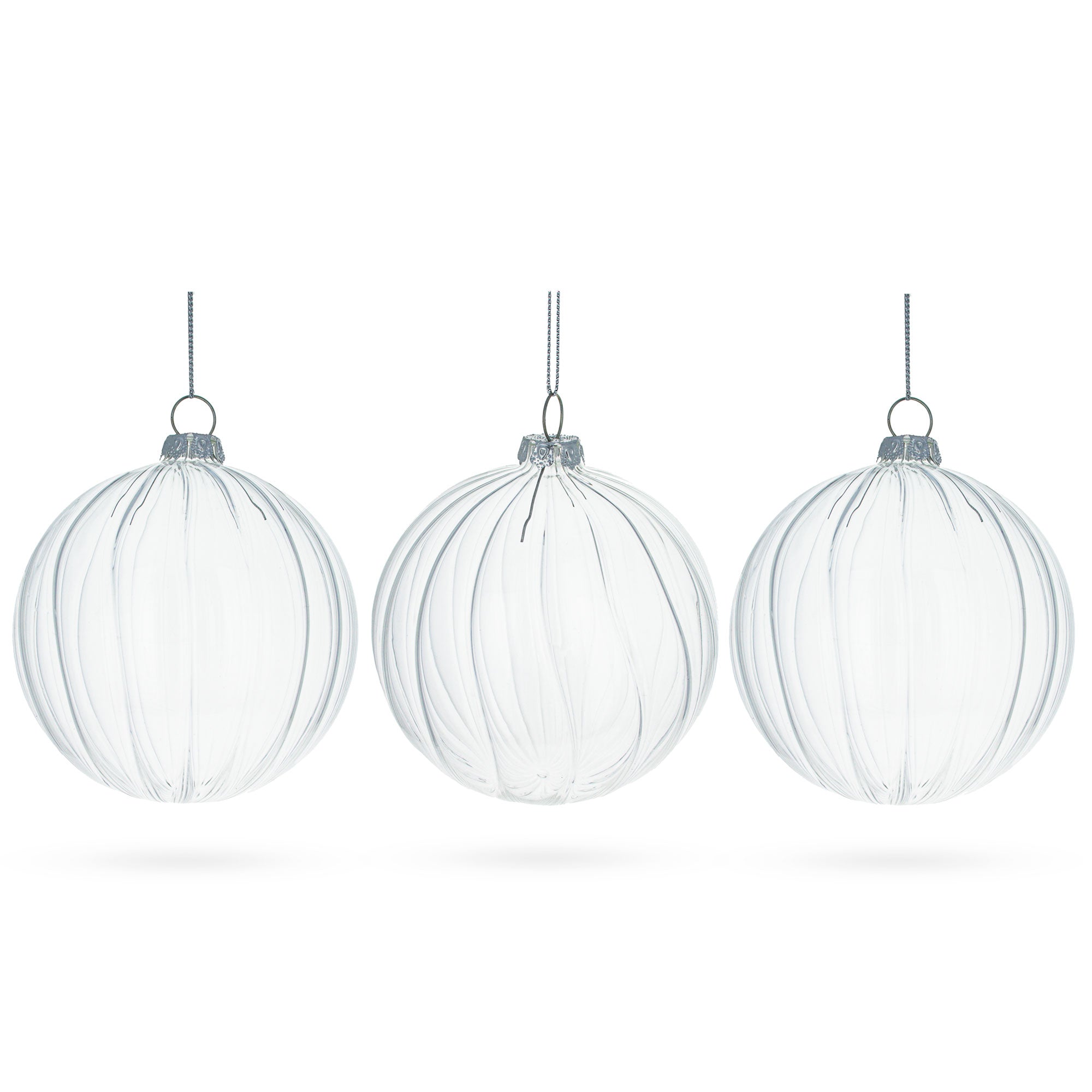 Elegant Set Of 3 Striped Clear - Blown Glass Ball Christmas Ornaments 3.5 Inches