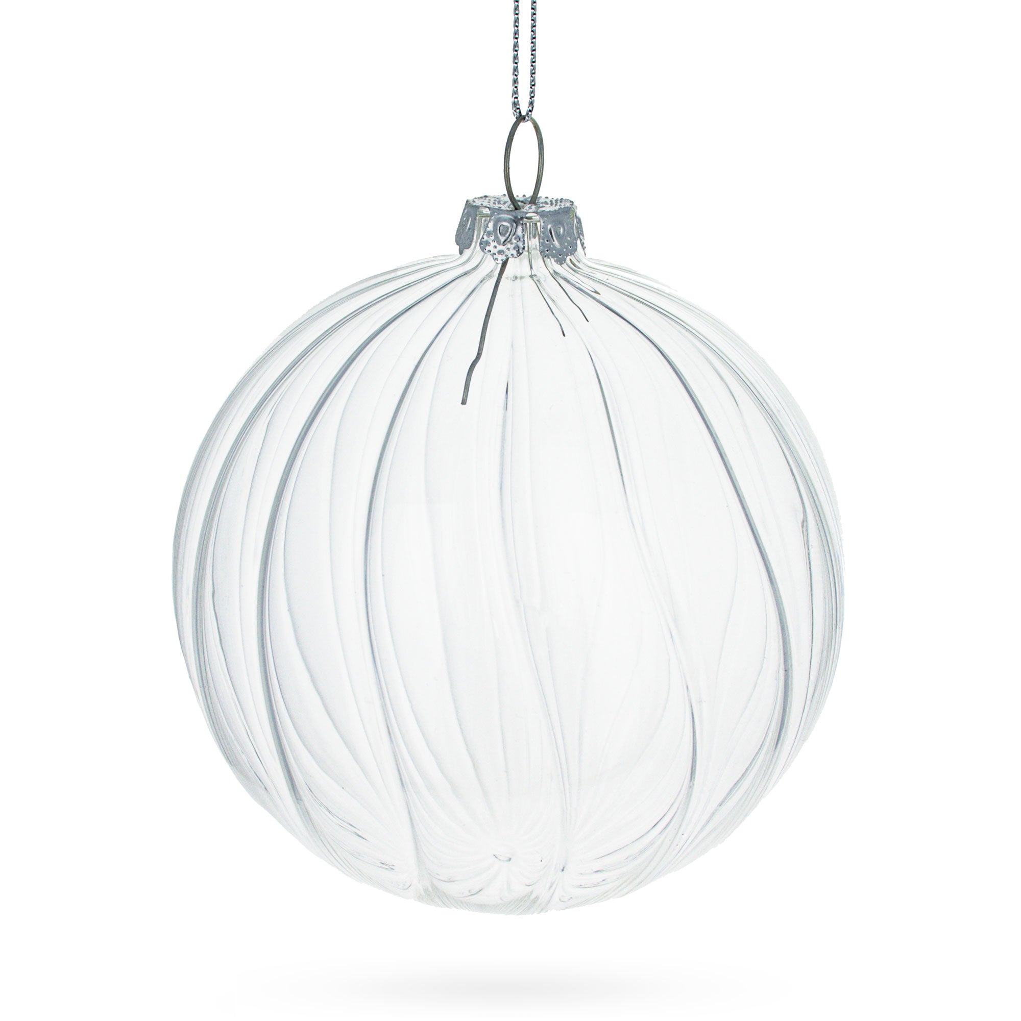 Elegant Set Of 3 Striped Clear - Blown Glass Ball Christmas Ornaments 3.5 Inches