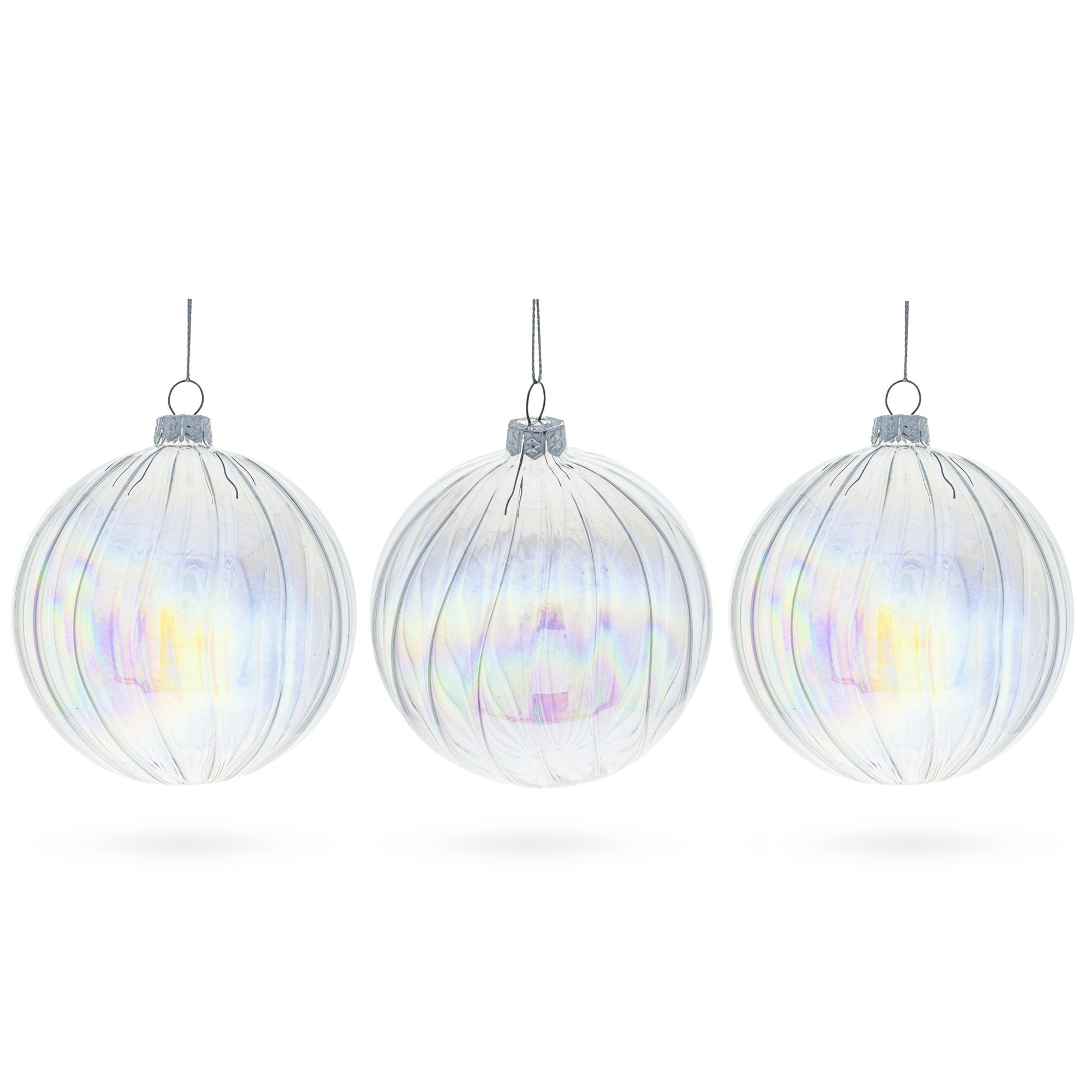 Stunning Set Of 3 Iridescent Clear - Blown Glass Ball Christmas Ornaments 3.6 Inches