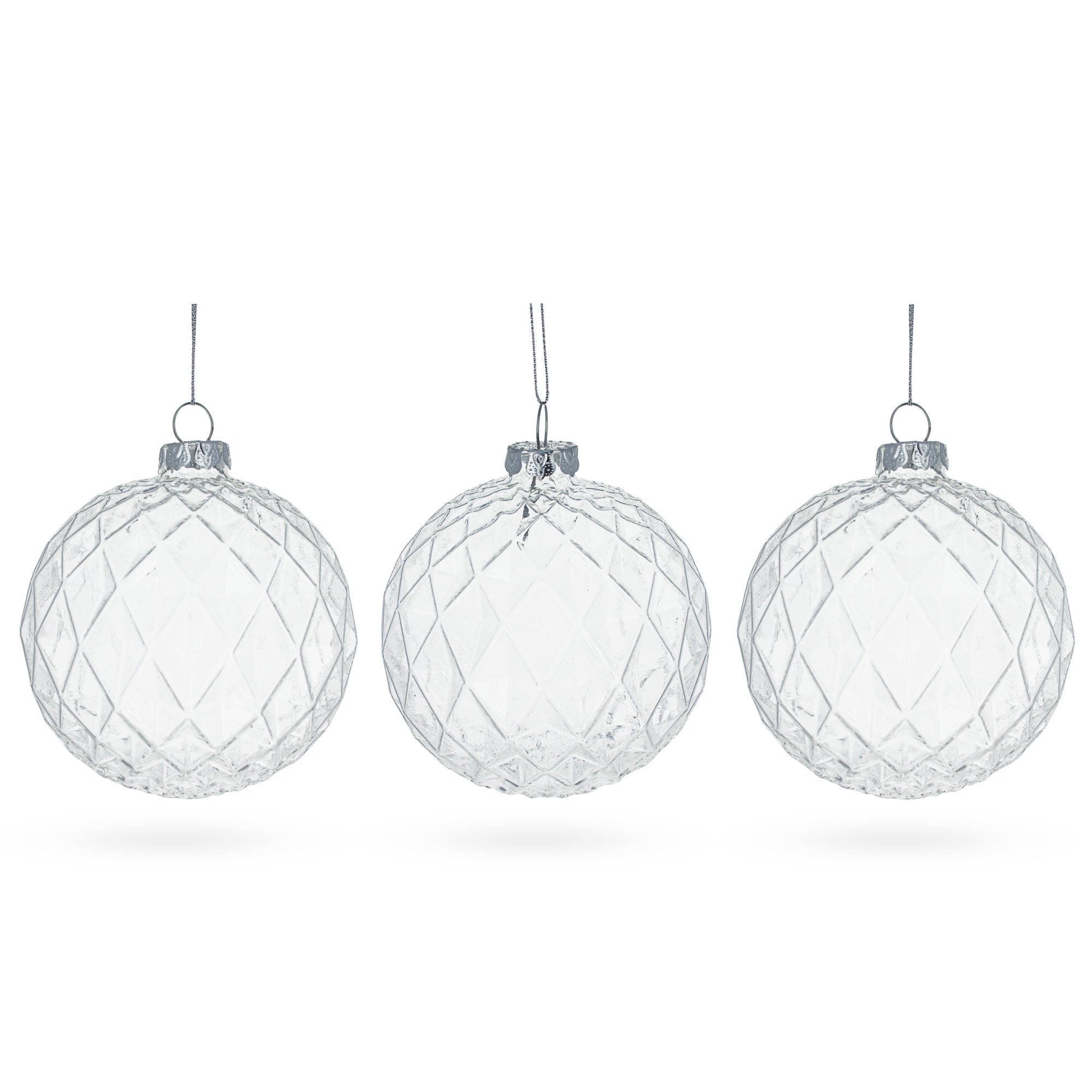 Elegant Trio Of Ribbed Clear - Blown Glass Ball Christmas Ornaments 3.5 Inches