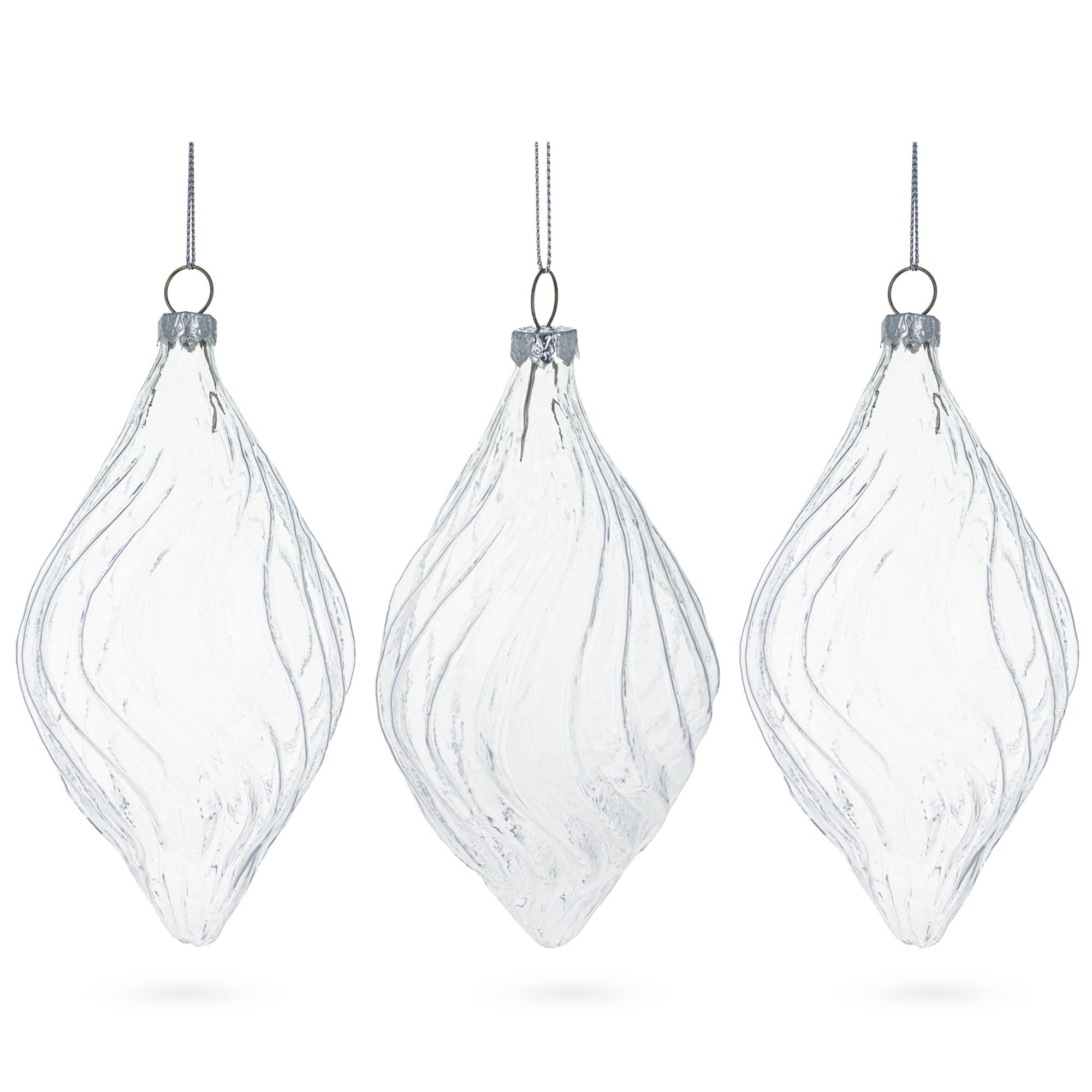 Elegant Set Of 3 Curvy Striped Rhombus Finial Clear - Blown Glass Christmas Ornaments 5.8 Inches