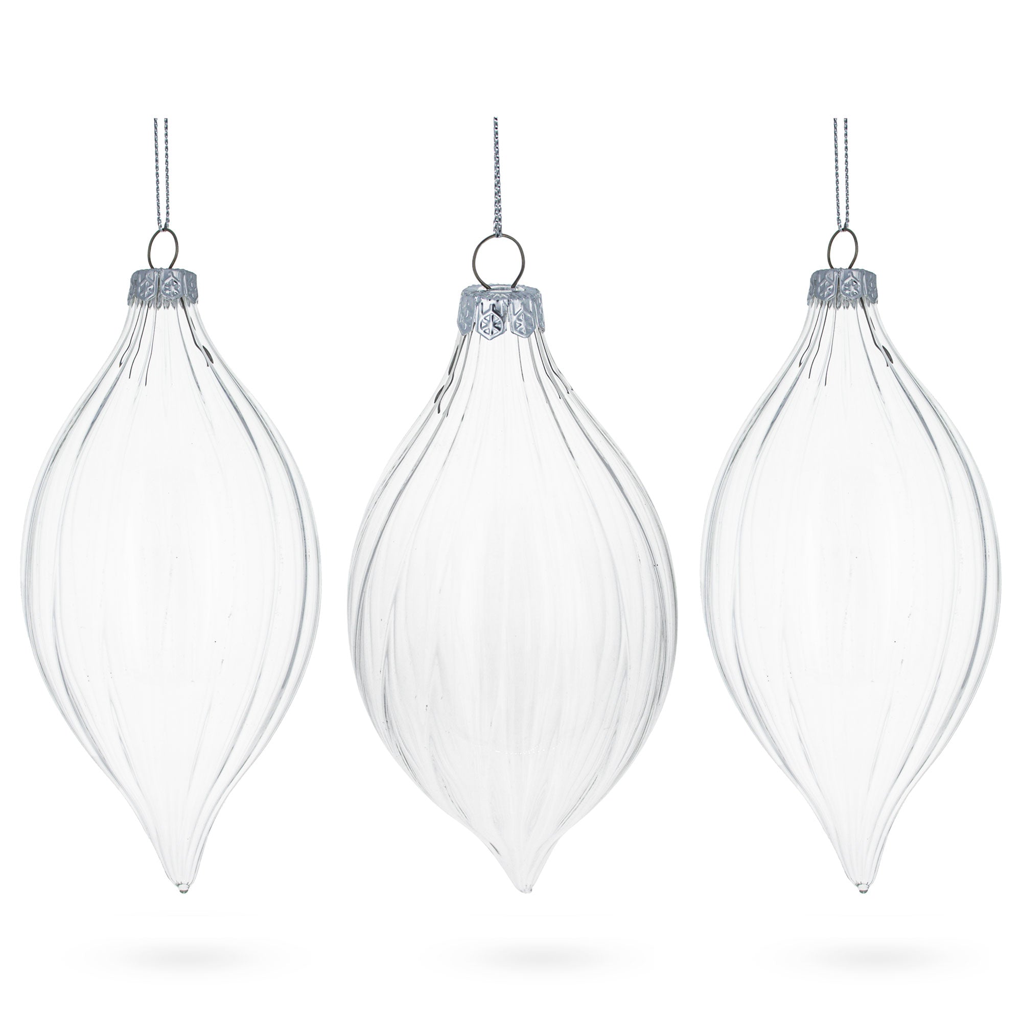 Set Of 3 Striped Rhombus Finial Clear - Blown Glass Ornament 5.8 Inches