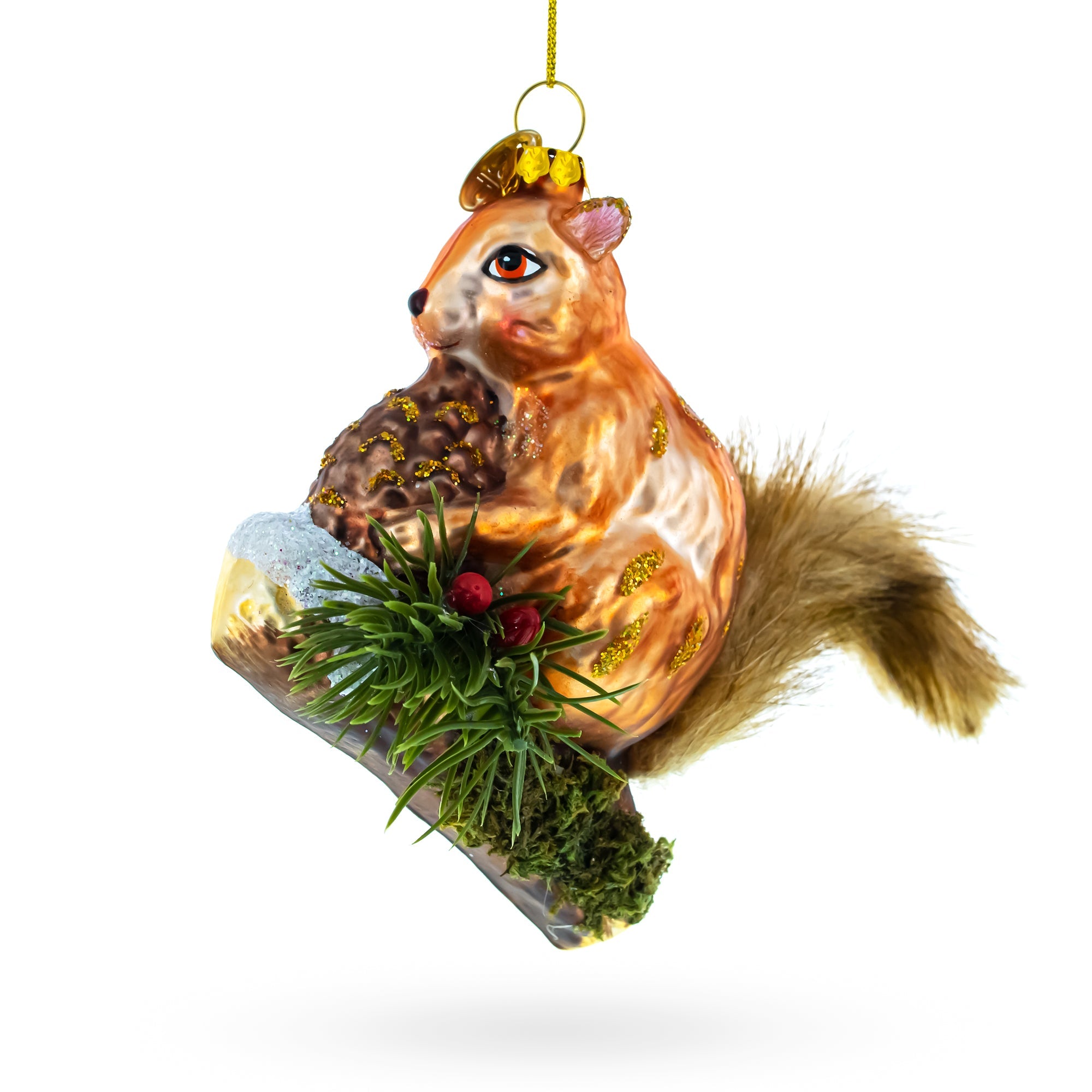 Playful Squirrel On A Branch - Blown Glass Christmas Ornament