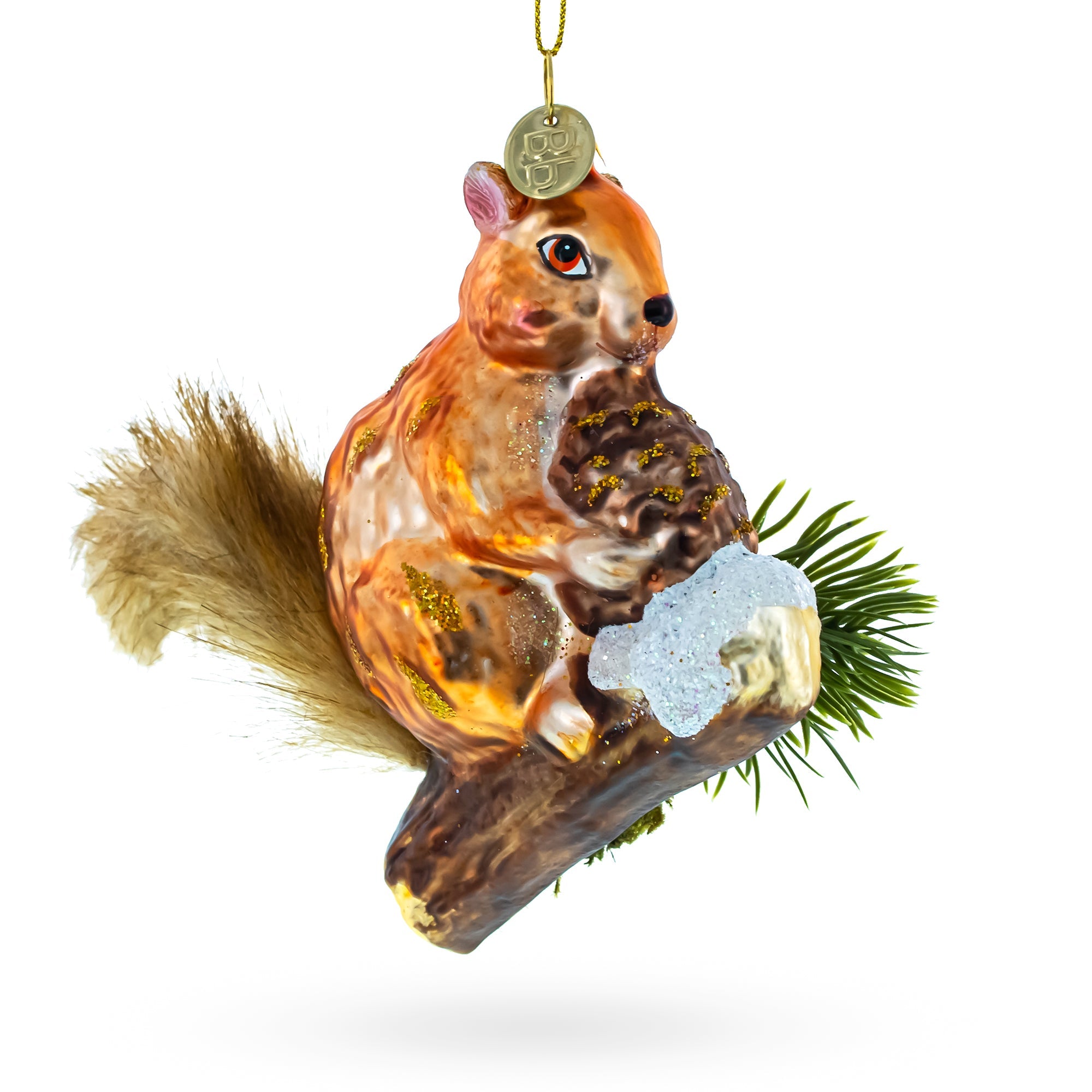 Playful Squirrel On A Branch - Blown Glass Christmas Ornament