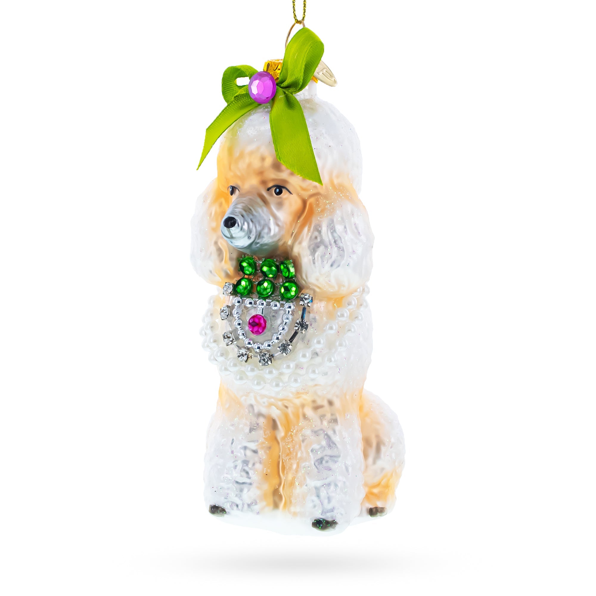 Elegant Poodle With Green Bow - Blown Glass Christmas Ornament