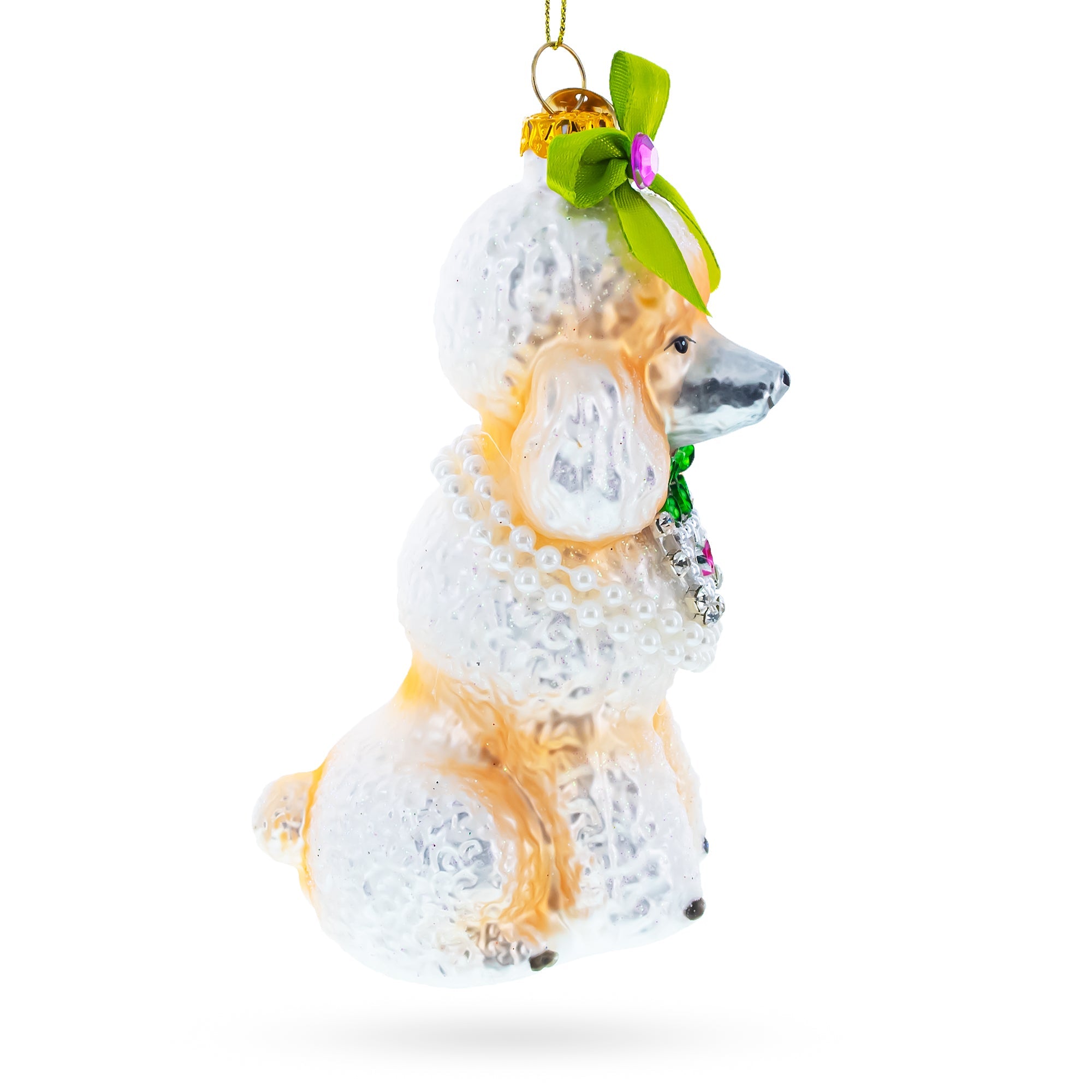 Elegant Poodle With Green Bow - Blown Glass Christmas Ornament