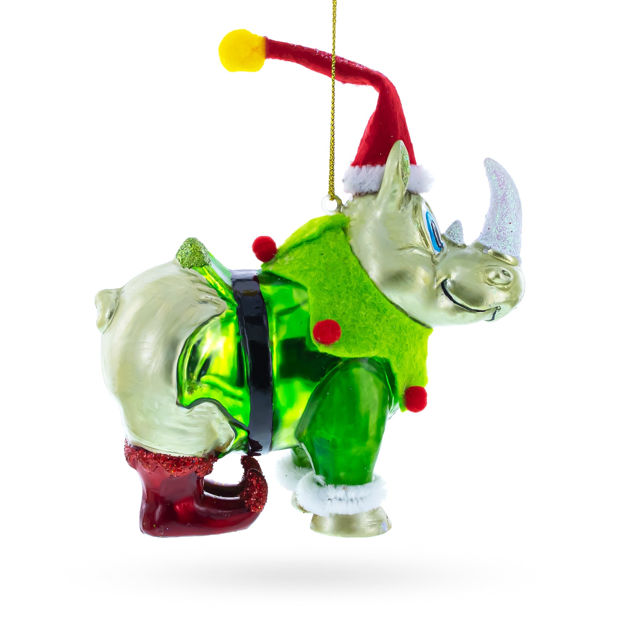 Festive Rhino In Santa Hat - Blown Glass Christmas Ornament