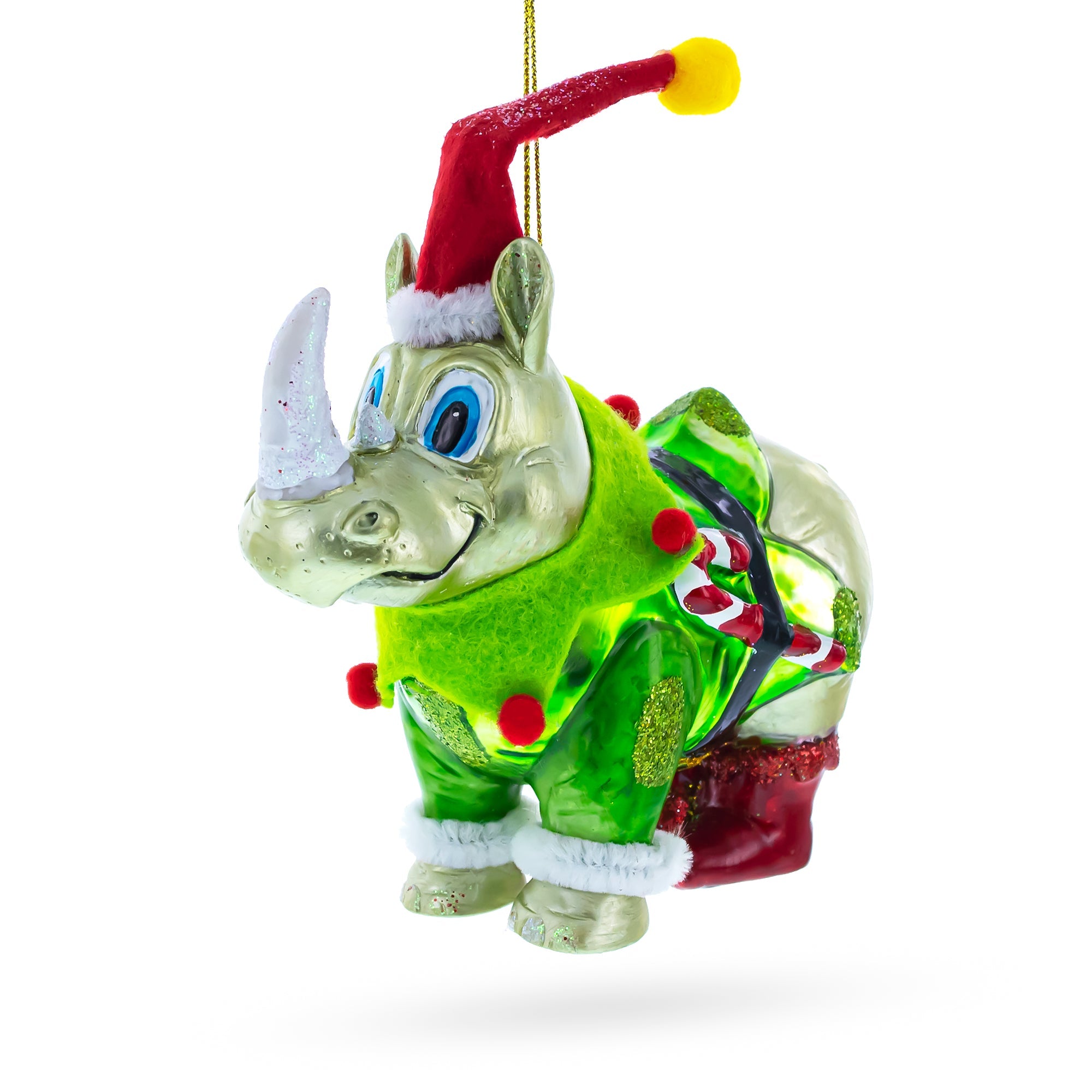 Festive Rhino In Santa Hat - Blown Glass Christmas Ornament