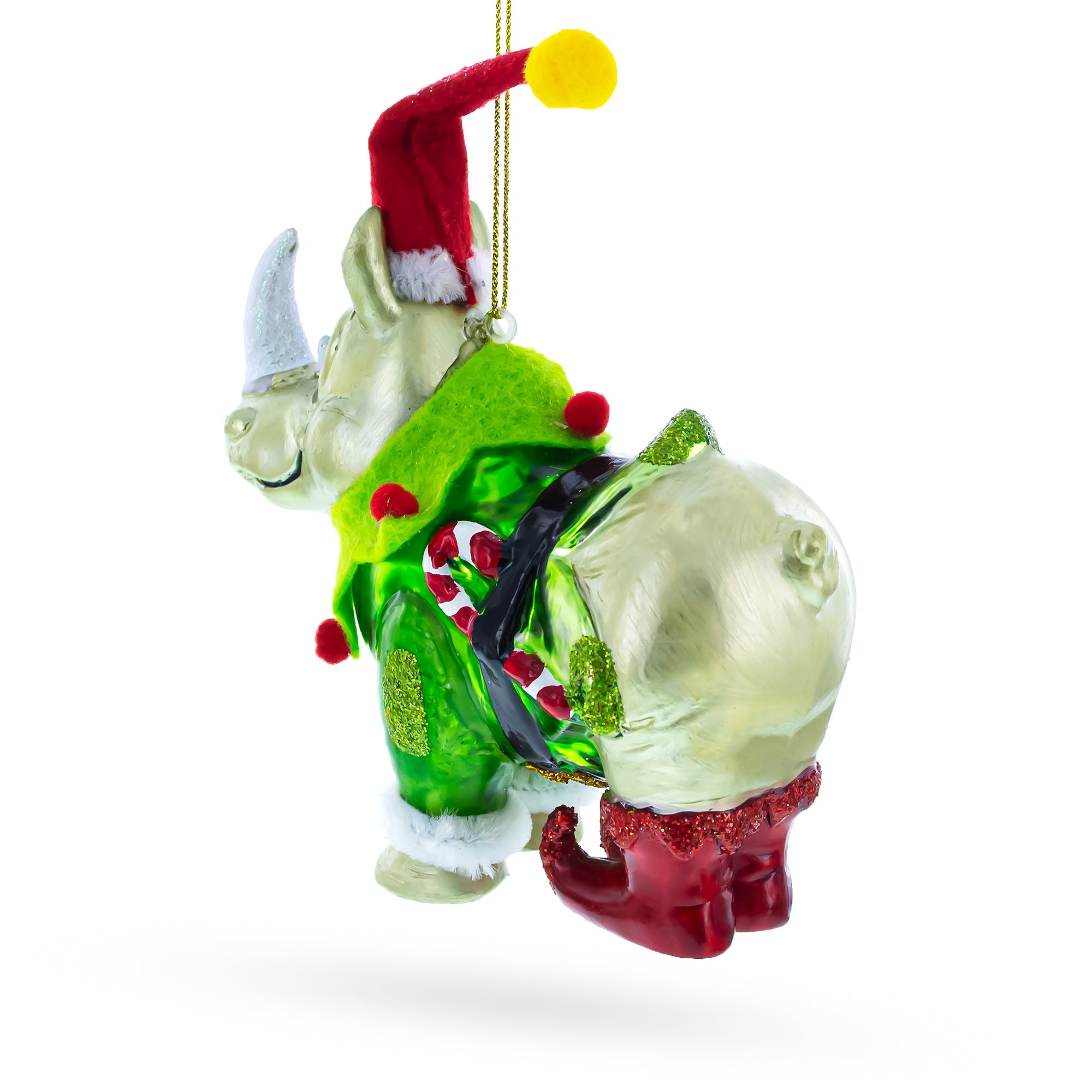 Festive Rhino In Santa Hat - Blown Glass Christmas Ornament