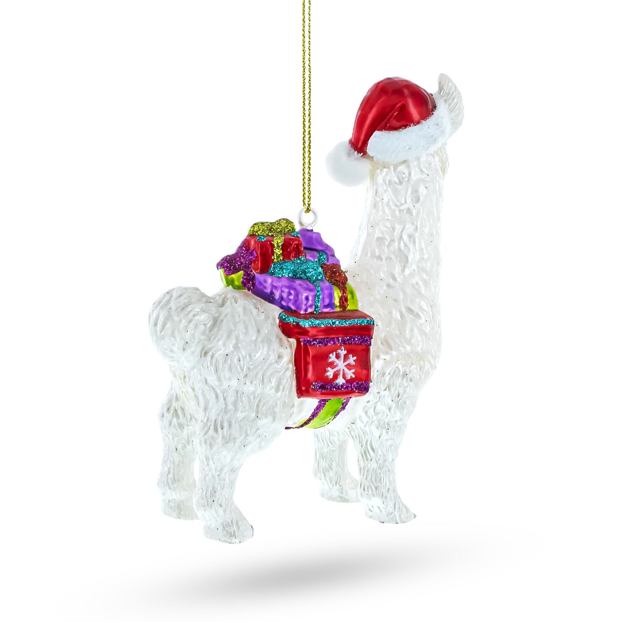 Festive Lama With Presents Blown Glass Christmas Ornament