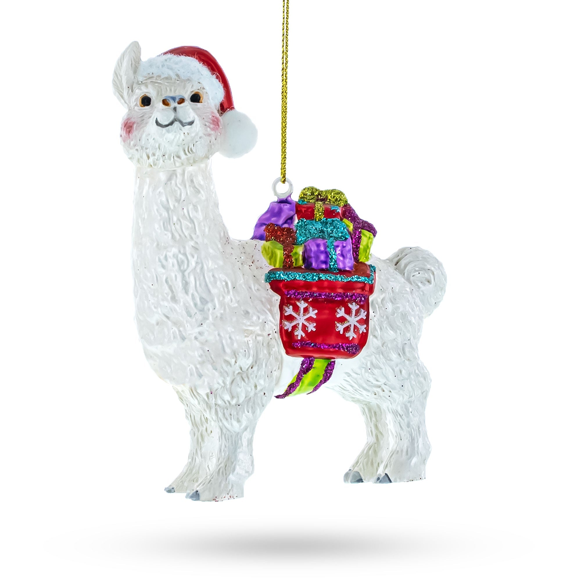 Festive Lama With Presents Blown Glass Christmas Ornament