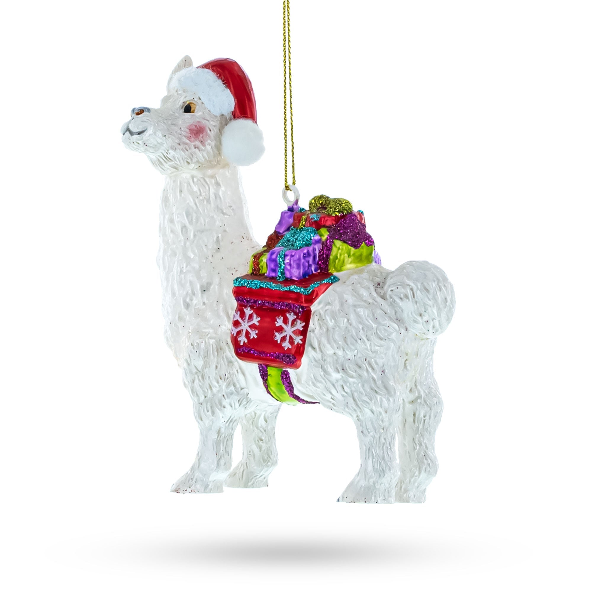 Festive Lama With Presents Blown Glass Christmas Ornament