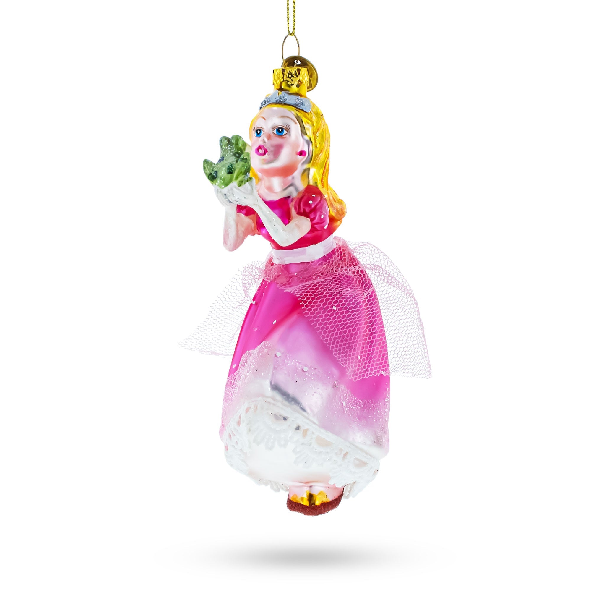 Enchanted Love: Princess Kissing Frog Prince - Blown Glass Christmas Ornament