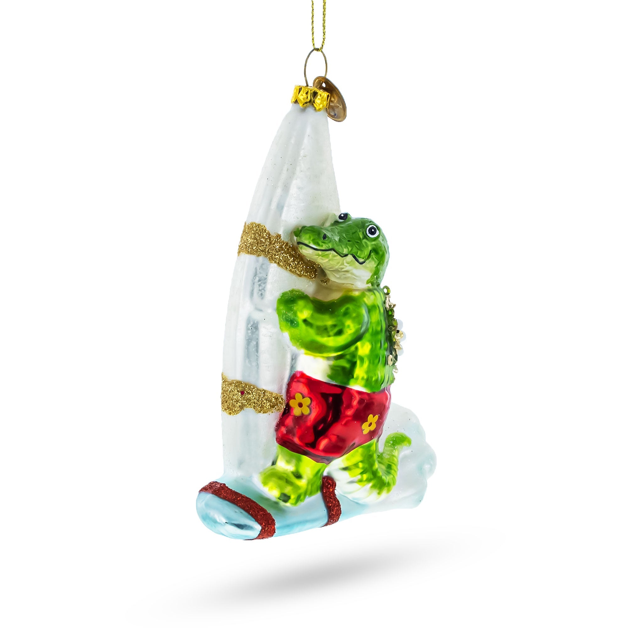 Whimsical Alligator Windsurfer - Blown Glass Christmas Ornament