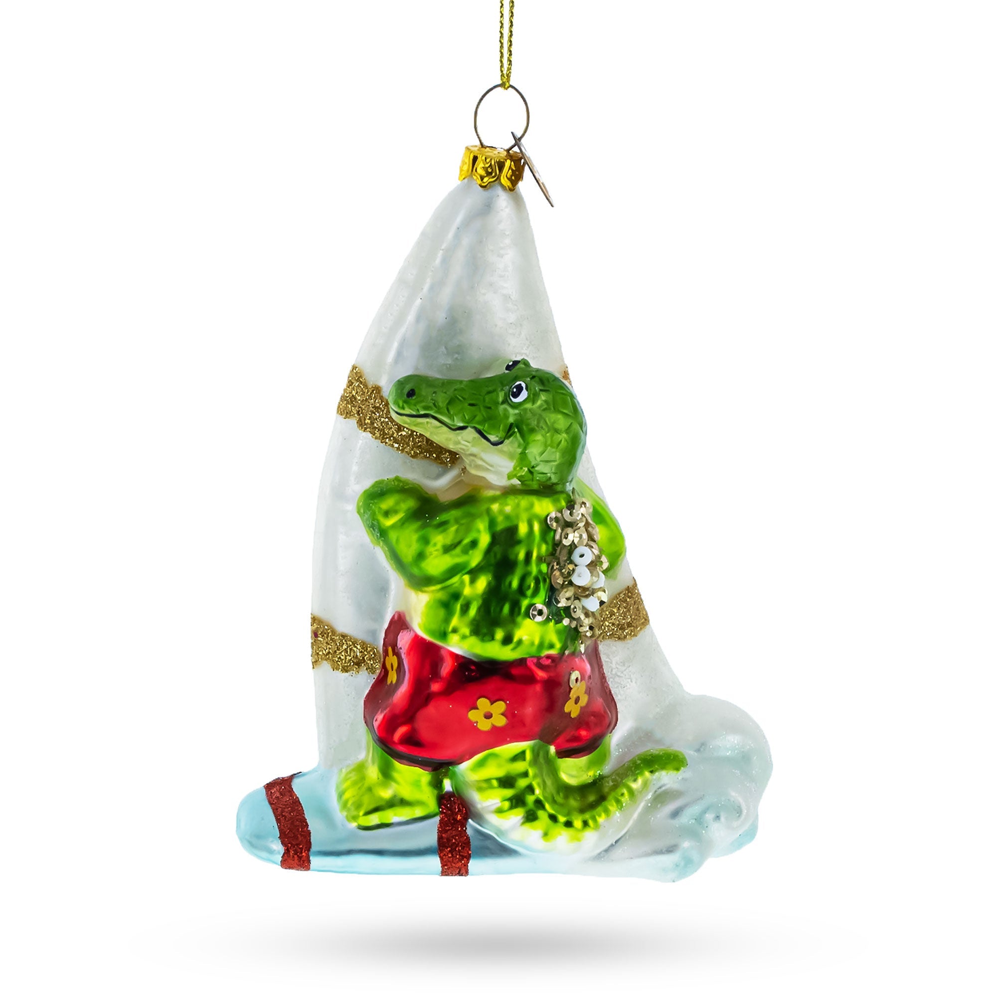 Whimsical Alligator Windsurfer - Blown Glass Christmas Ornament