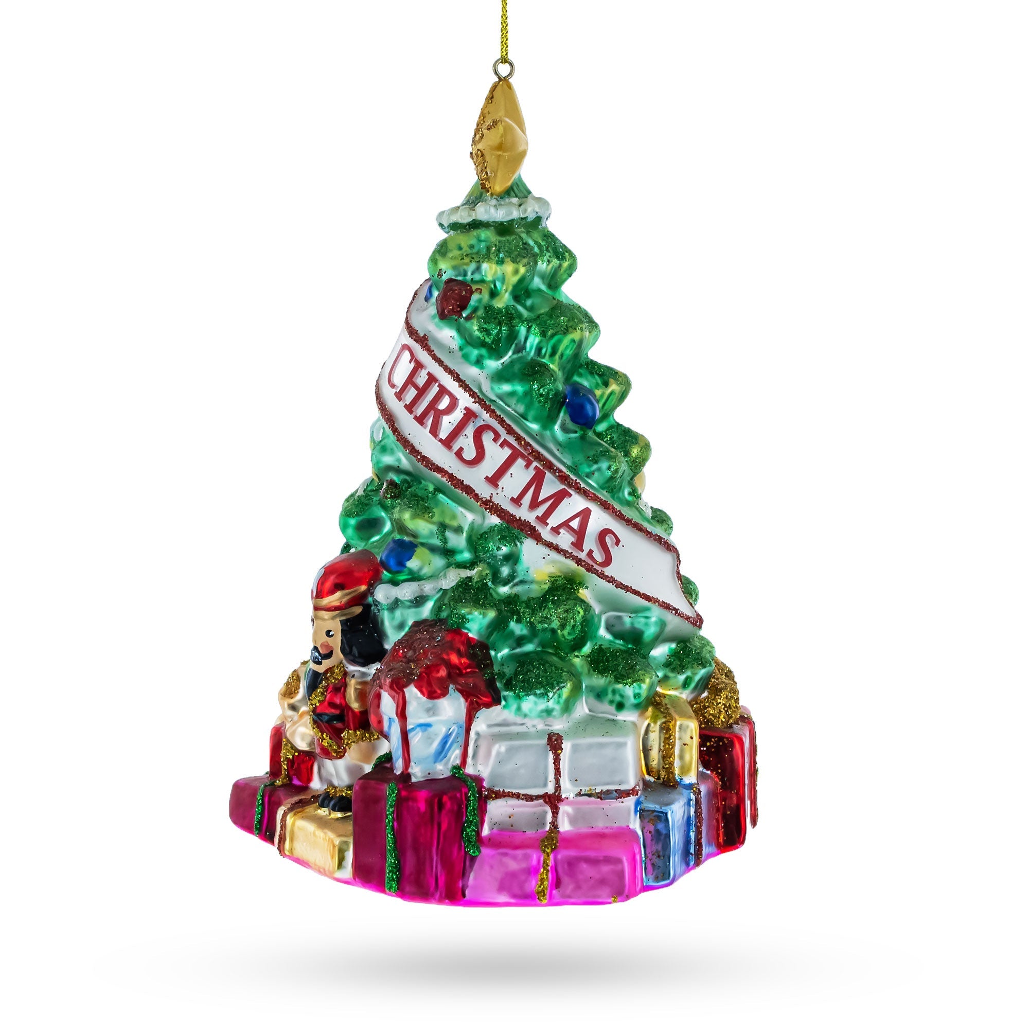 Charming Christmas Tree With Gifts - Blown Glass Christmas Ornament